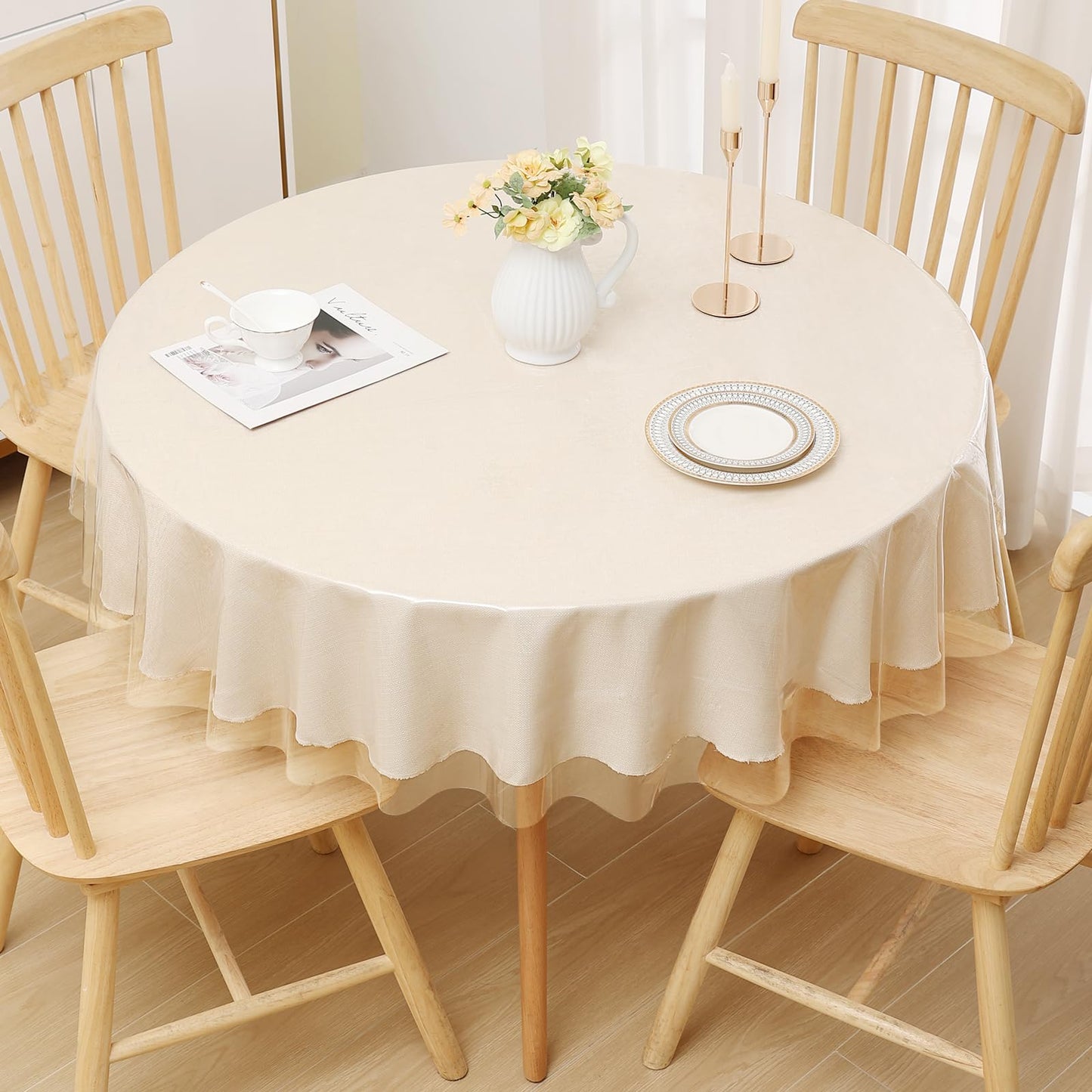 Smiry Rectangle Table Cloth 60x84 Inch, Waterproof Wipeable Vinyl Tablecloths Protector, Oil Spill Proof Plastic Table Cover for Dining, Picnic, Camping, Outdoor, Beige