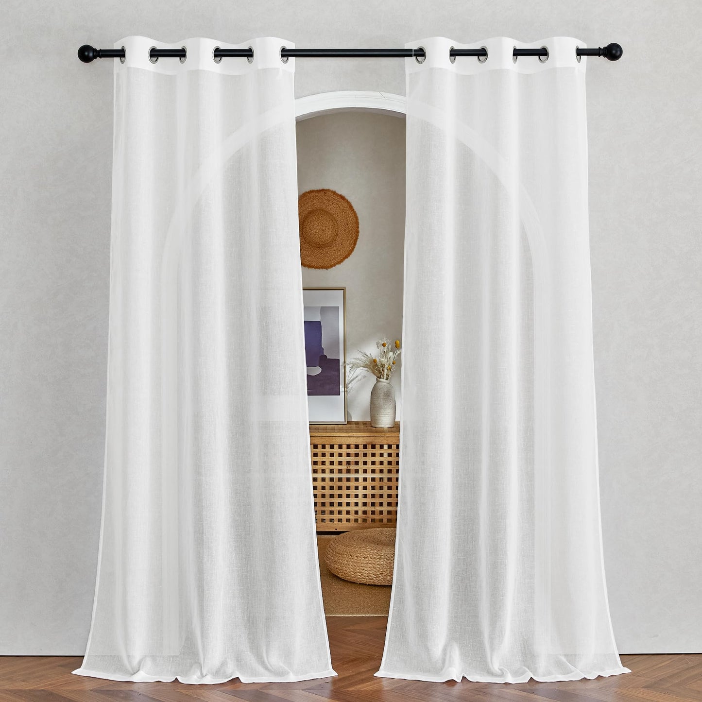 NICETOWN White Sheer Linen Curtains for Living Room 84 inch Length 2 Panels Set, Grommet Semi Sheer Privacy with Light Filtering Flax Window Treatments for Bedroom, W52 x L84