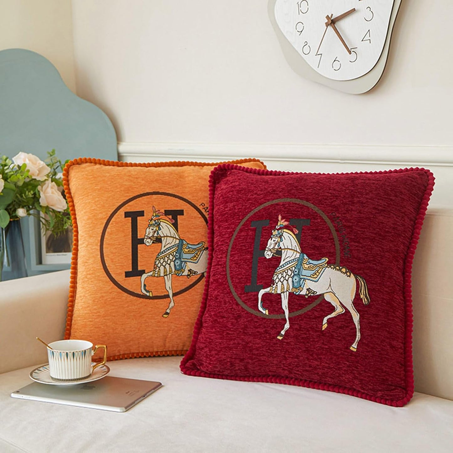 Croker Horse New Version 18x18 inches Throw Pillow Cushion Covers Set 2 Pack - Luxury Horse Jacquard Embroidery with Lace Trim Decorative Cover for Couch, Sofa, Living Room Bedroom (Red)