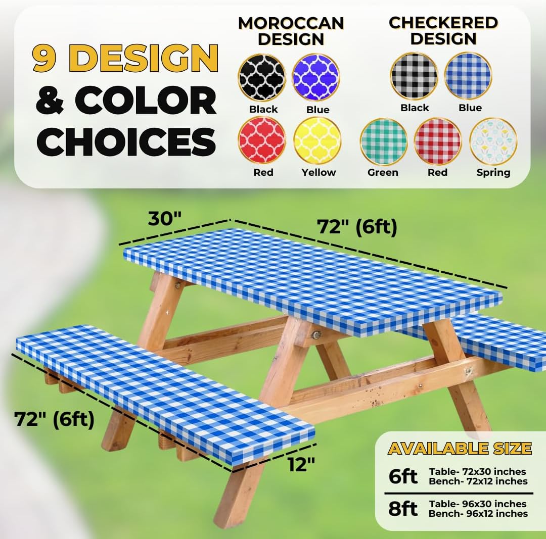 Vinyl Fitted Picnic Table Cover with Bench Covers & Blue 6ft Blue Checkered | Vinyl Fitted Picnic Table Cover with Bench Covers and Bag, Outdoor Waterproof Windproof Picnic Tablecloth with Elastic Edges.