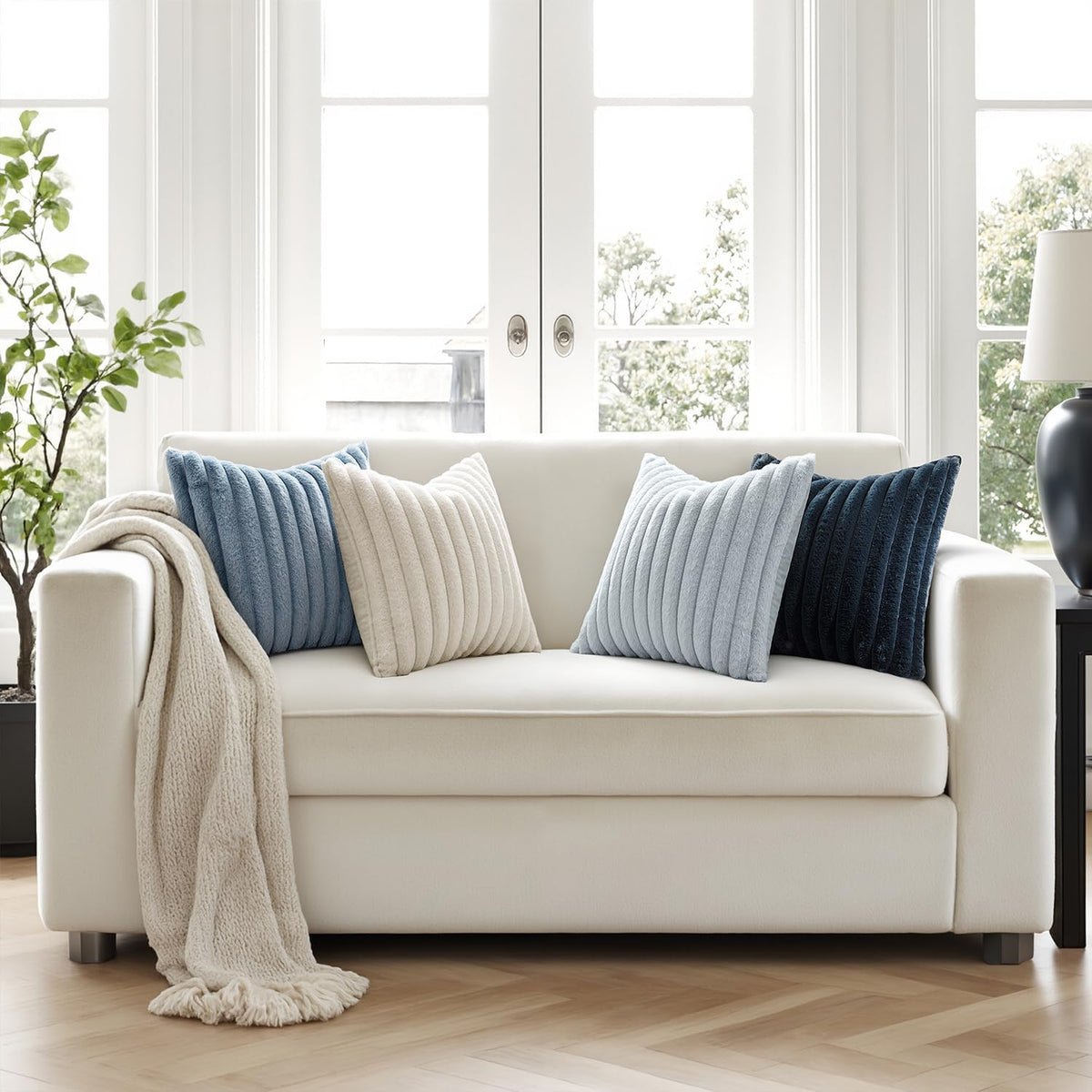 MIULEE Faux Fur Plush Decorative Throw Pillow Covers 18x18, Navy Blue | Set of 4, Striped, Soft Coastal Modern Cozy Home Decor, Cushion Cases for Sofa Couch Bed Living Room
