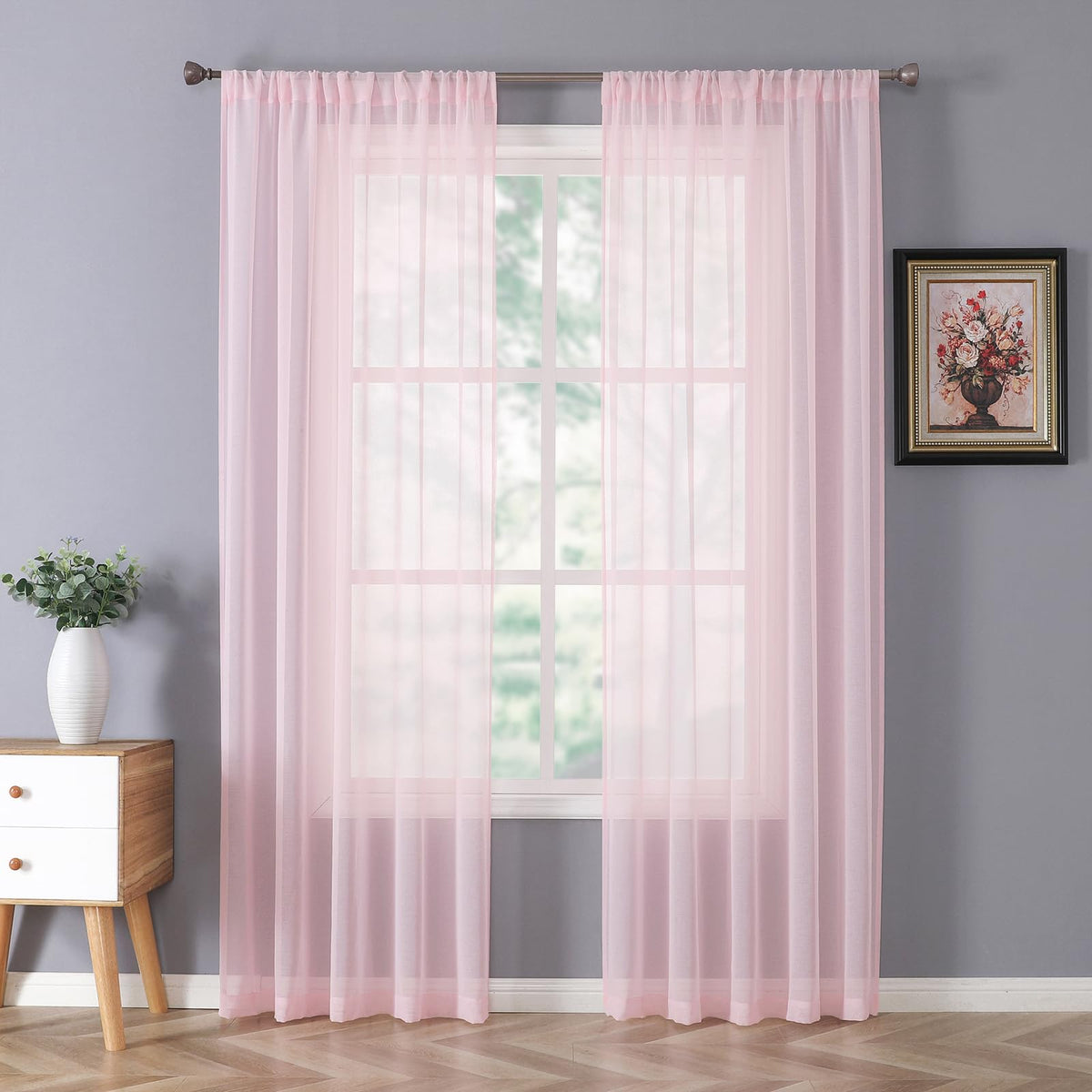 Tollpiz Sheer Curtains Living Room Linen Textured Curtain Sheers Light Filtering Voile Rod Pocket Curtains for Bedroom, 38 x 63 inches Long, White, Set of 2 Panels