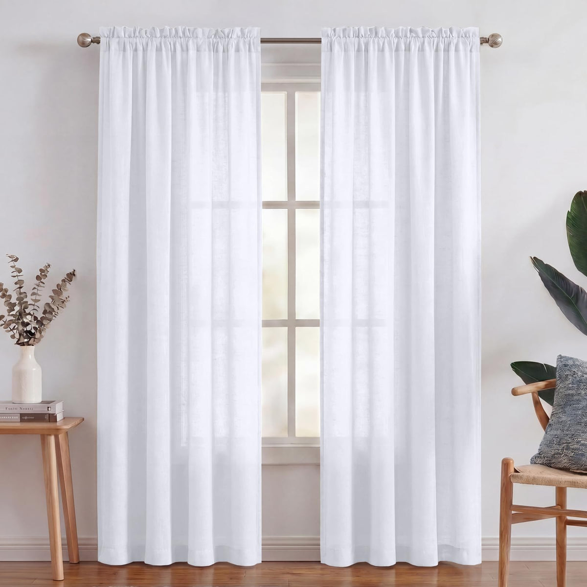Turquoize White Linen Curtains 96 Inches Long Semi Sheer Curtains Light Filtering Linen Drapes for Living Room/Bedroom 2 Panels Set Rod Pocket Window Treatments Panels,W52 x L96, White