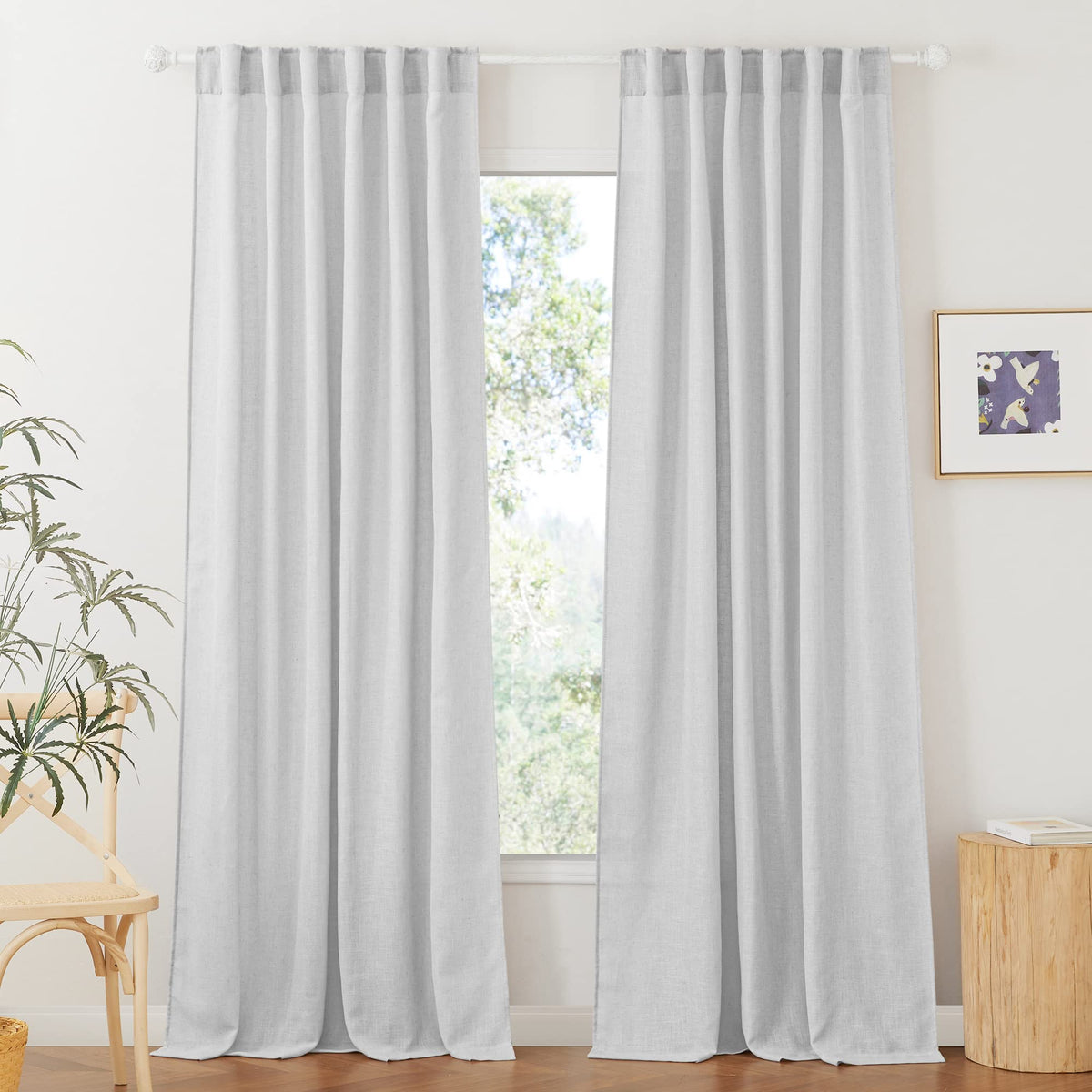 RYB HOME White Sheer Curtains for Living Room Patio Glass Door, W52 x L95 | Linen Texture, Light Filtering Privacy, Airy Translucent, Back Tab, Bedroom Office Balcony, W52 x L95, 2 Panels