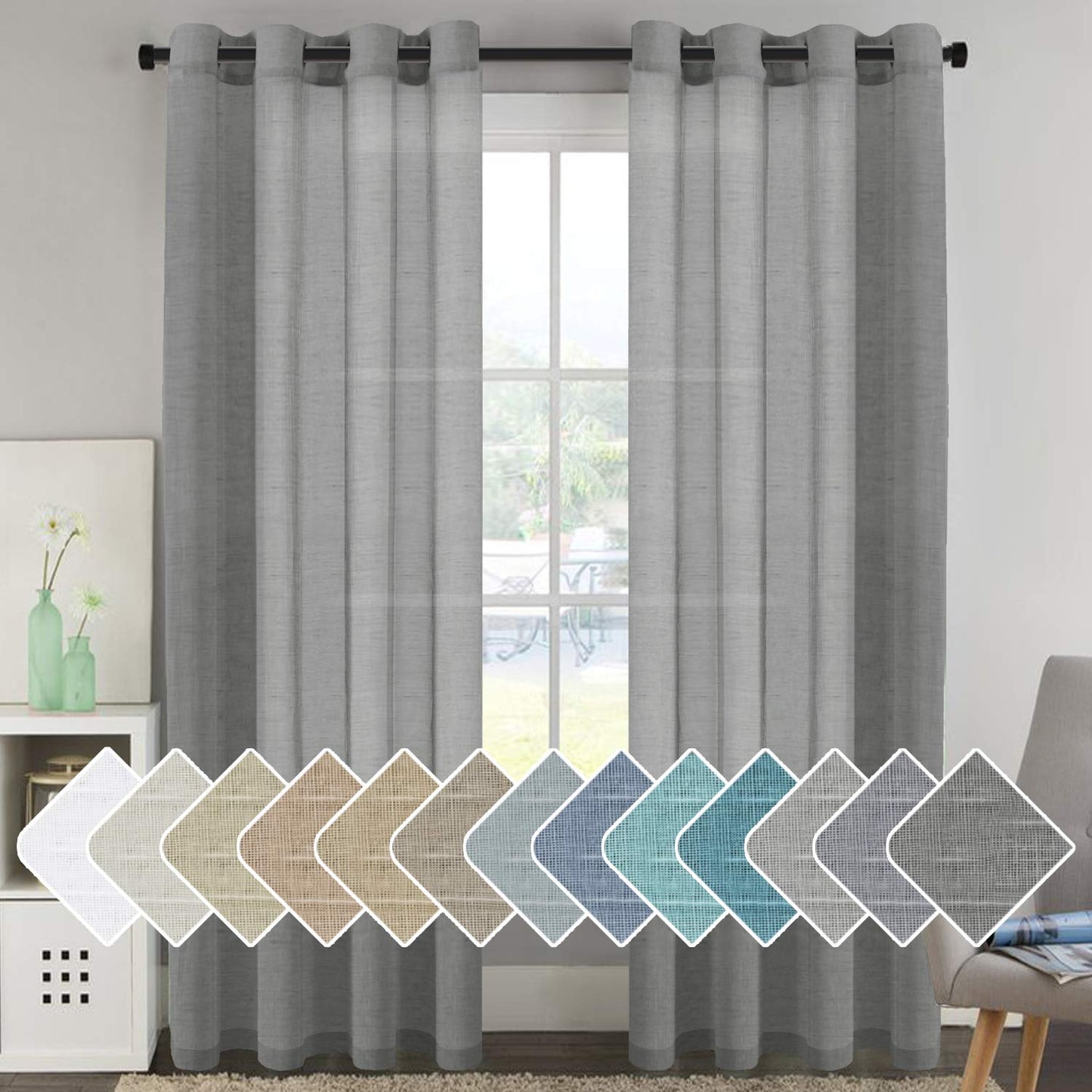H.VERSAILTEX Natural Linen Sheer Curtains Flax Linen Blended Curtain Panels Living Room, Nickel Grommet Semitransparent Semi-Sheer Soft Privacy Drapes, Natural, 84 inches Long 2 Panels