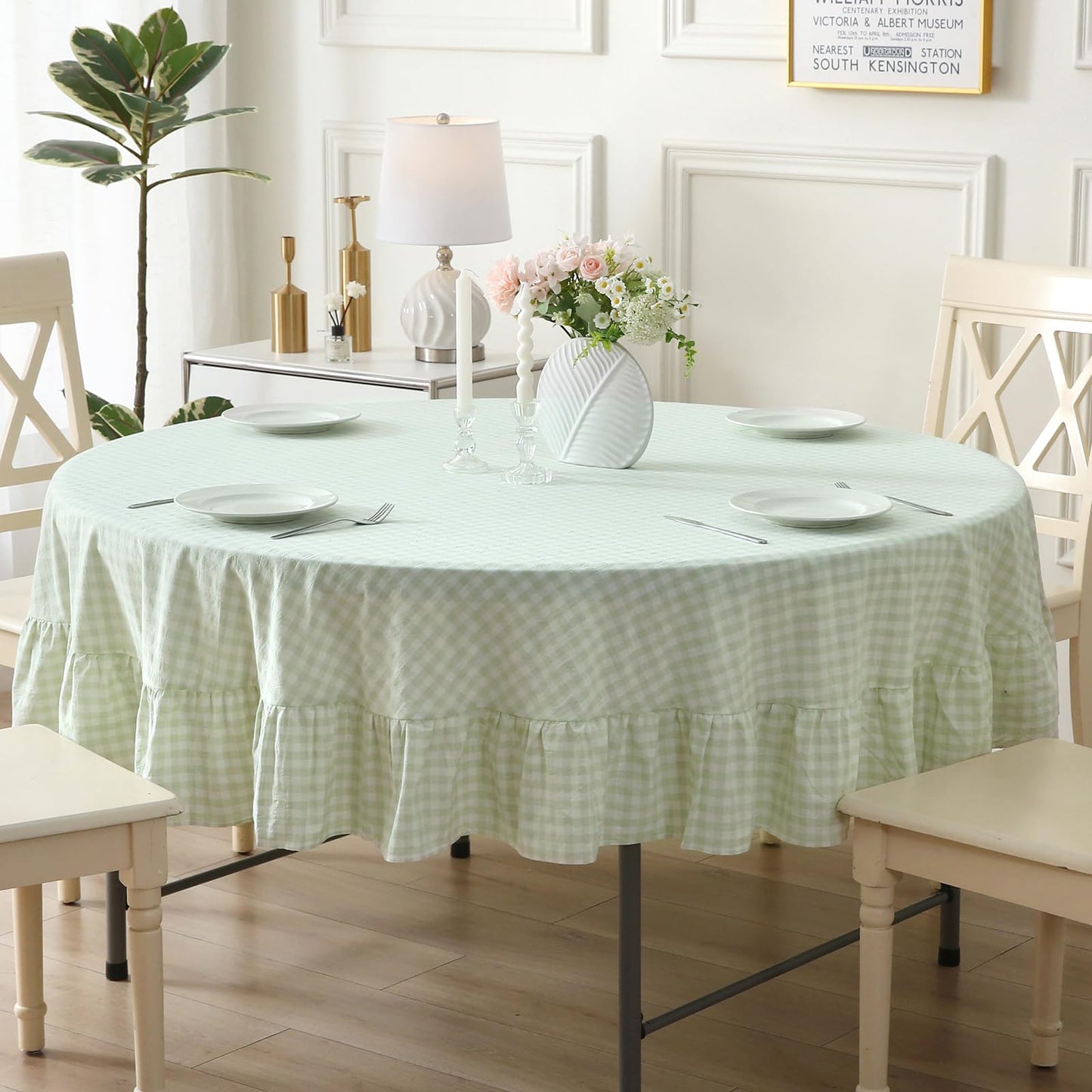 Blush White Gingham Ruffled Table Cloth Rectangular 120“x60” | 100% Washed Cotton, for Seat 8-10, Buffet Picnic Baby Shower Party Tablecloth, Decorative Checker Plaid Farmhouse Table Cover