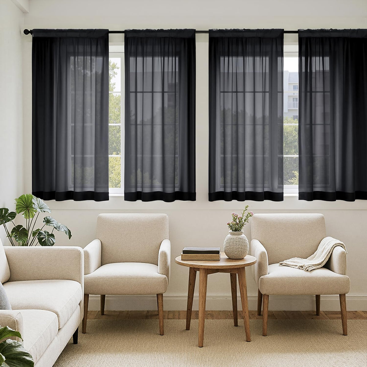 MIULEE Black Sheer Curtains 84 Inches Long 4 Panels 42 x 84 Inches | Light Filtering, Rod Pocket, Voile Drapes, Living Room, Bedroom, Window Treatments