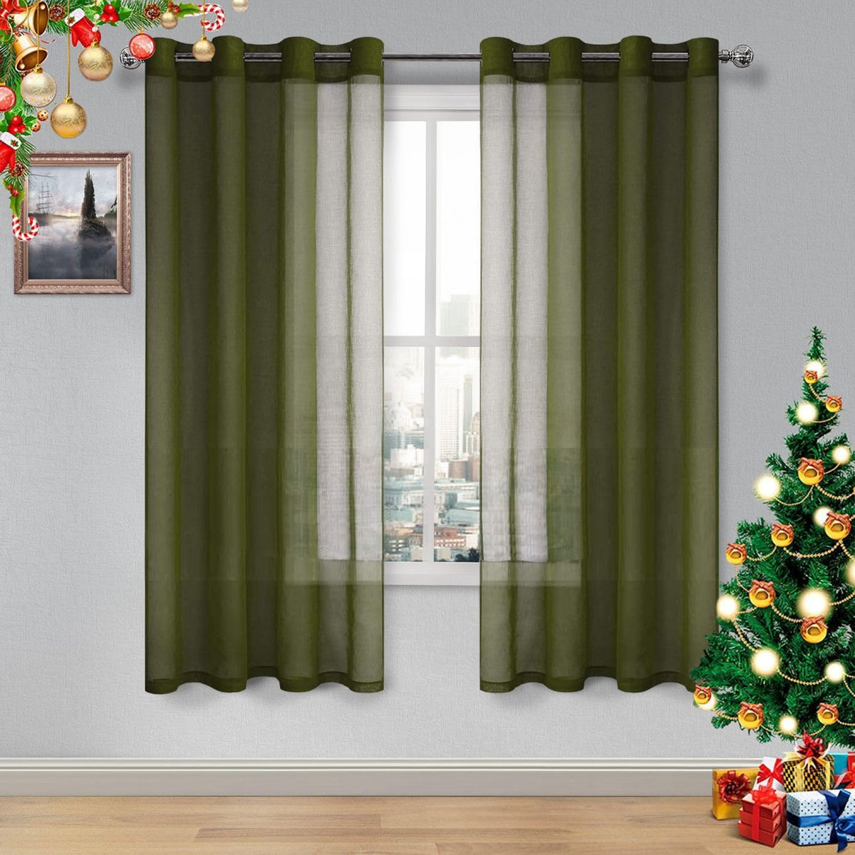 DWCN White Sheer Curtains Linen Look Semi Transparent Voile Grommet White Curtains for Living Dining Room Drapes 52 x 84 Inch Long, Set of 2 Panels