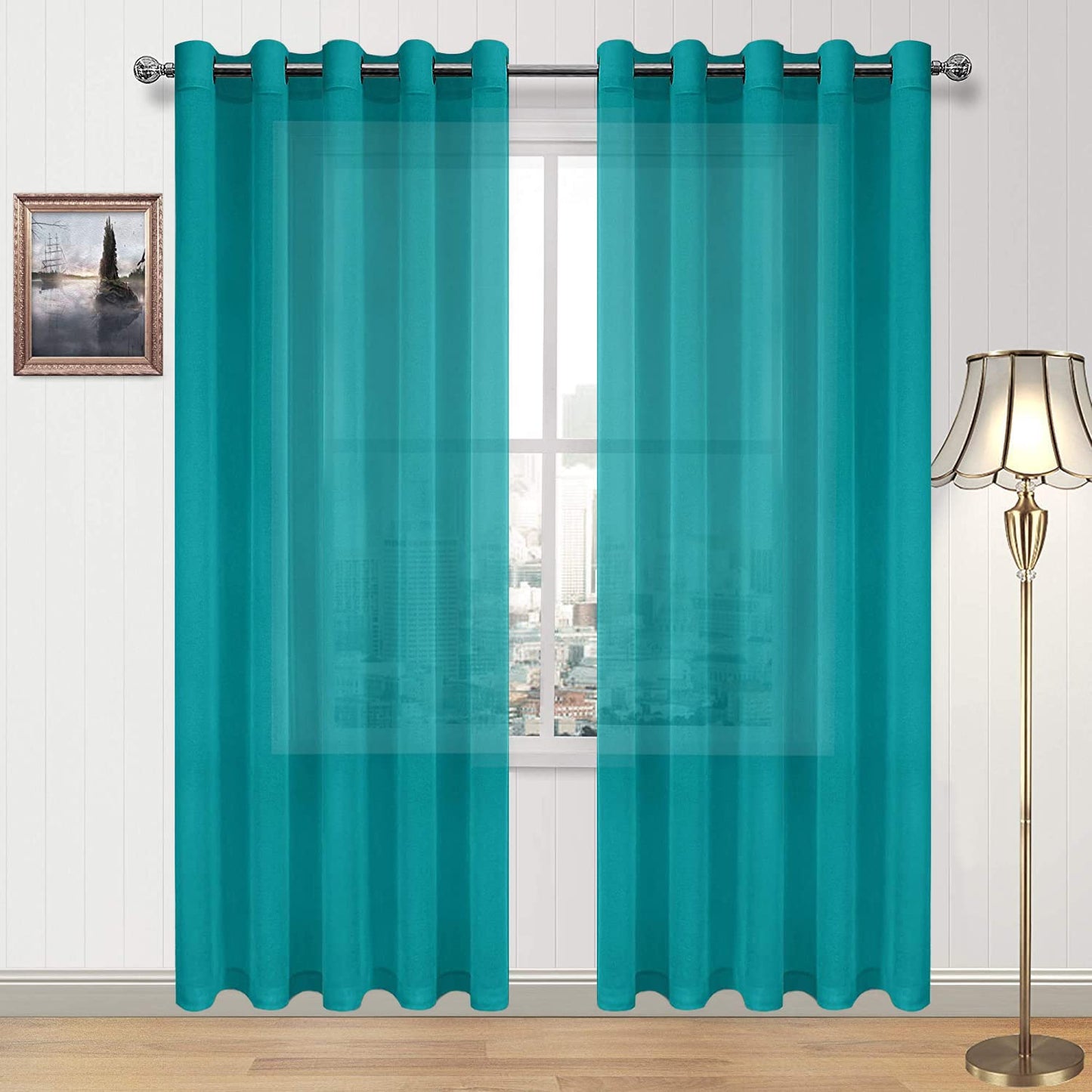 DWCN White Sheer Curtains Linen Look Semi Transparent Voile Grommet White Curtains for Living Dining Room Drapes 52 x 84 Inch Long, Set of 2 Panels