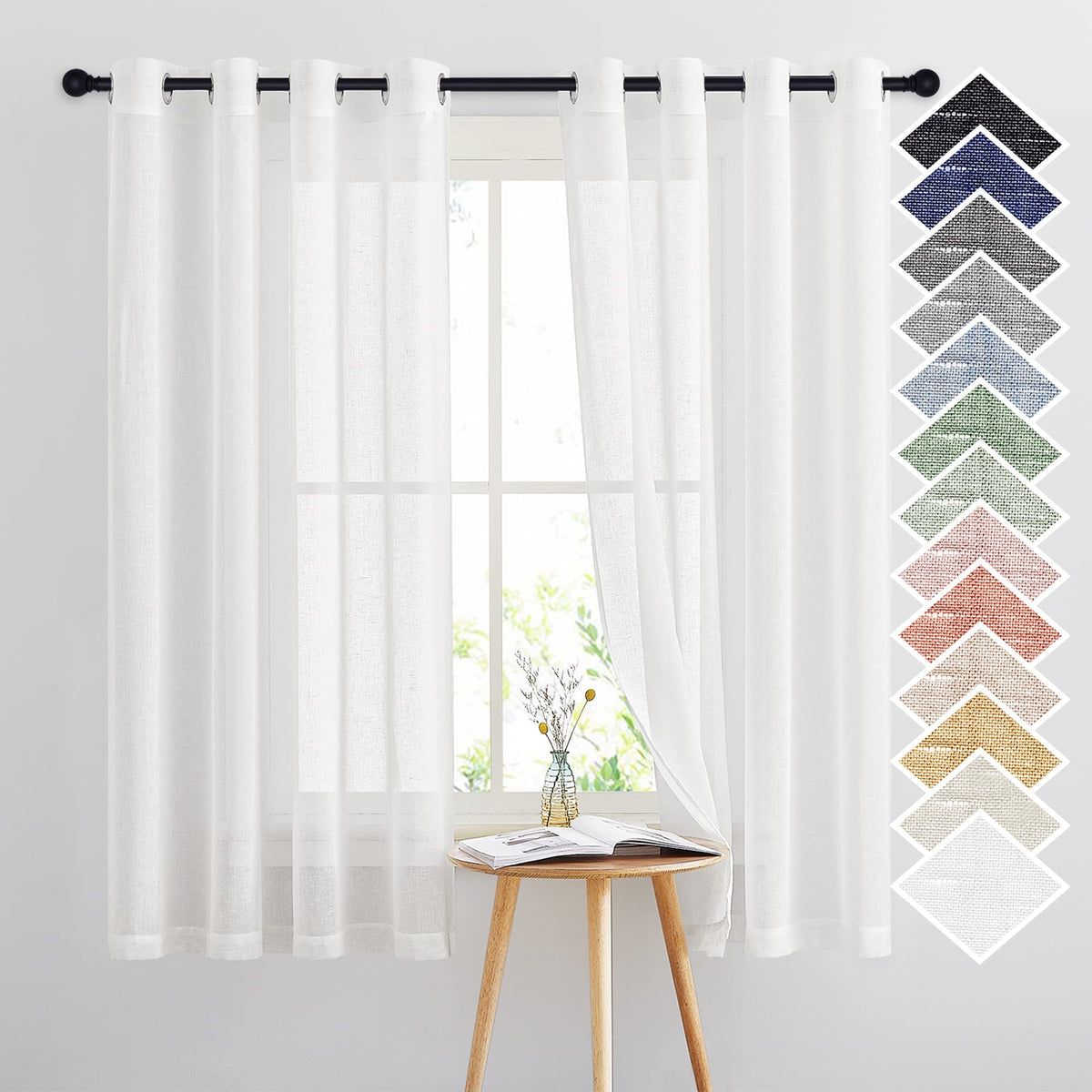 NICETOWN White Sheer Linen Curtains for Living Room 84 inch Length 2 Panels Set, Grommet Semi Sheer Privacy with Light Filtering Flax Window Treatments for Bedroom, W52 x L84