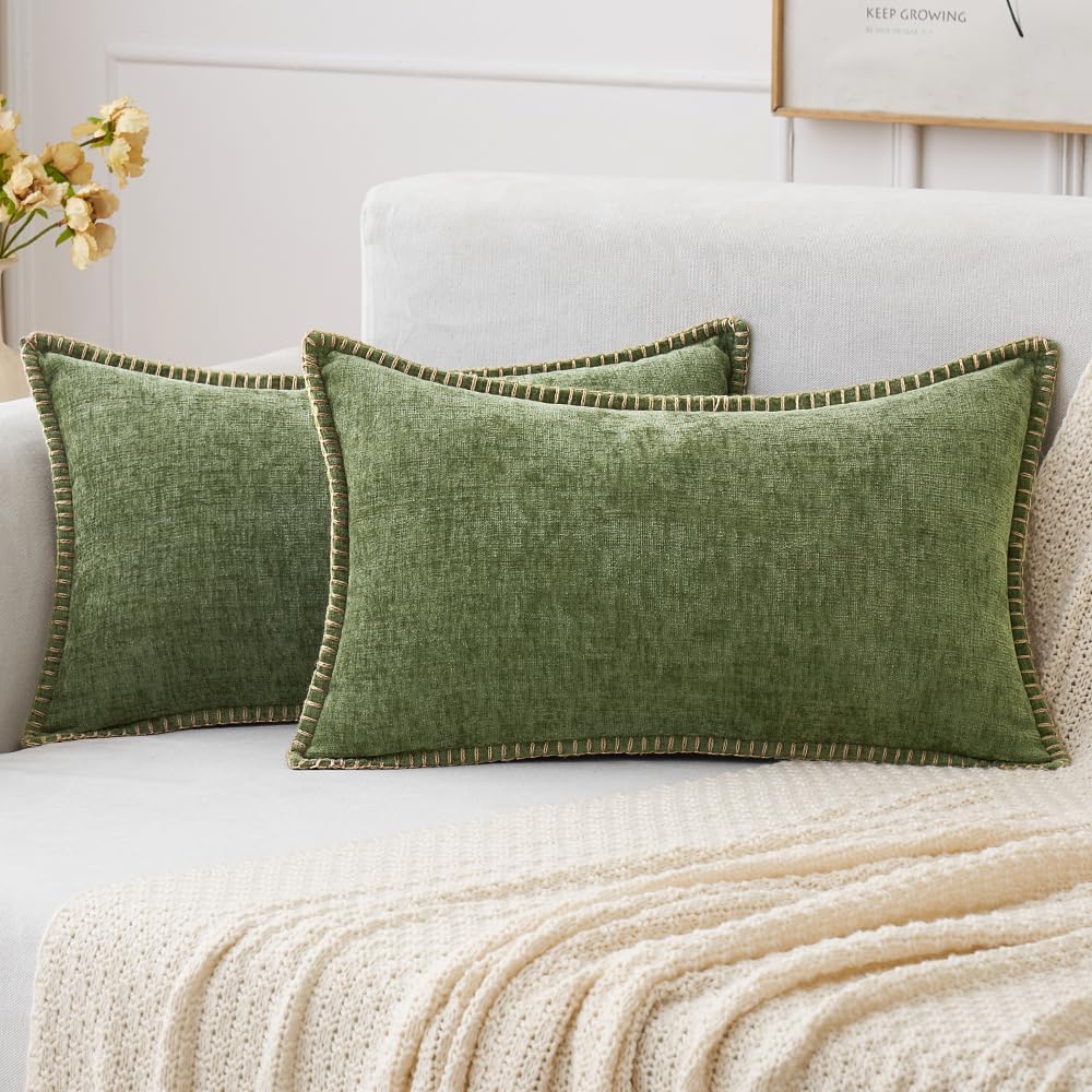 MIULEE Decorative Couch Throw Pillow Covers 18x18 Inch Sage Green 2 Pack | Farmhouse Pillow Covers with Stitched Edge, Soft Chenille Cushion Cases, for Sofa Bed Living Room Home Decor