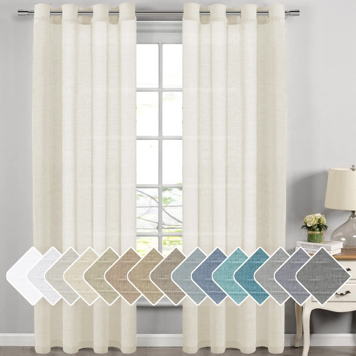 H.VERSAILTEX Natural Linen Sheer Curtains Flax Linen Blended Curtain Panels Living Room, Nickel Grommet Semitransparent Semi-Sheer Soft Privacy Drapes, Natural, 84 inches Long 2 Panels