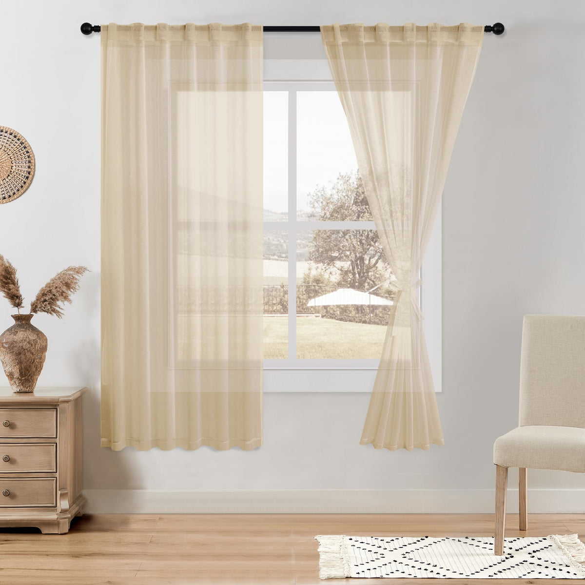 DWCN White Faux Linen Sheer Curtains, 2 Panels, 52x84 Inch | Faux Linen Textured Curtains with Rod Pocket & Back Tab, Semi Voile Light Airy Gauzy Privacy Drapes for Living Room Bedroom