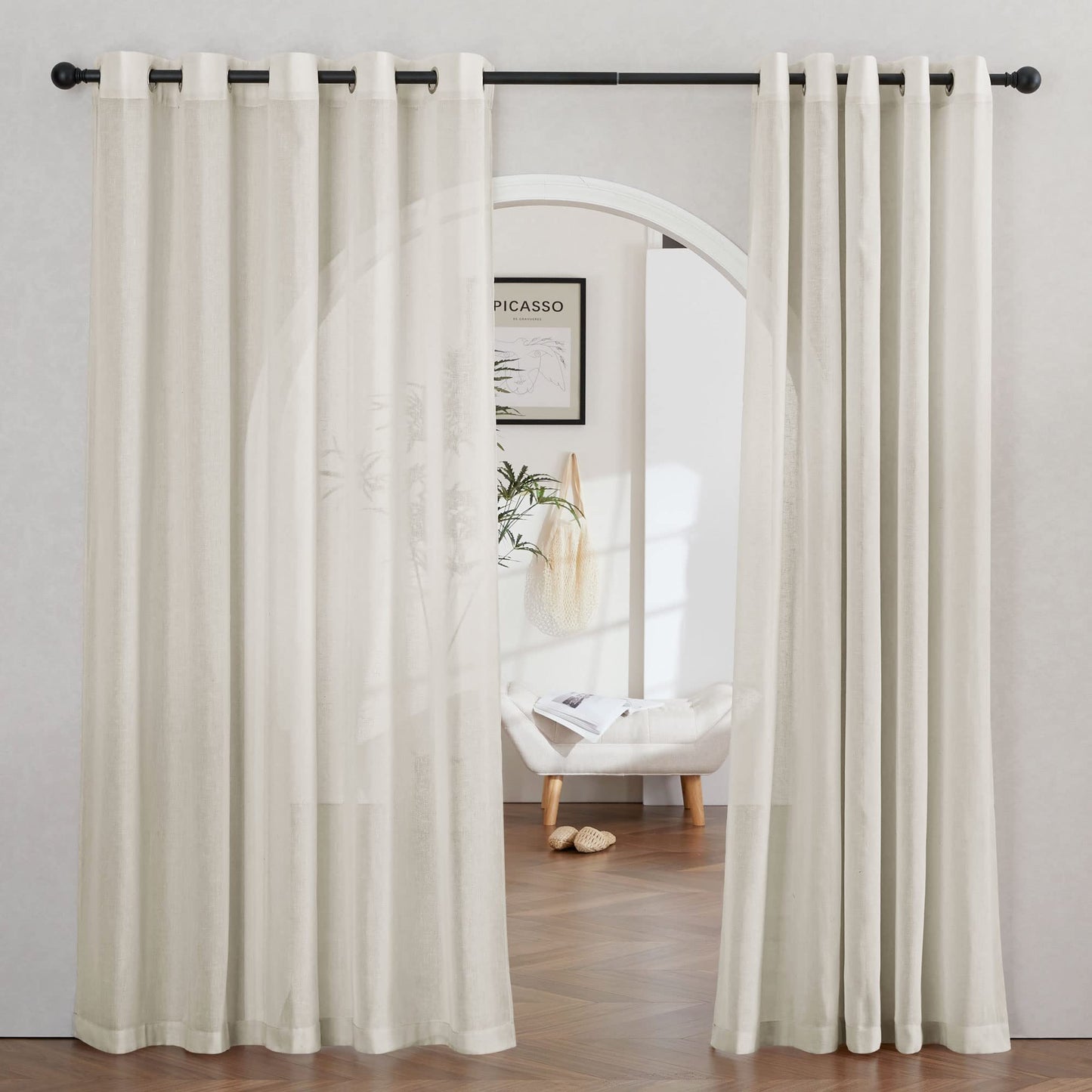 NICETOWN White Sheer Linen Curtains for Living Room 84 inch Length 2 Panels Set, Grommet Semi Sheer Privacy with Light Filtering Flax Window Treatments for Bedroom, W52 x L84