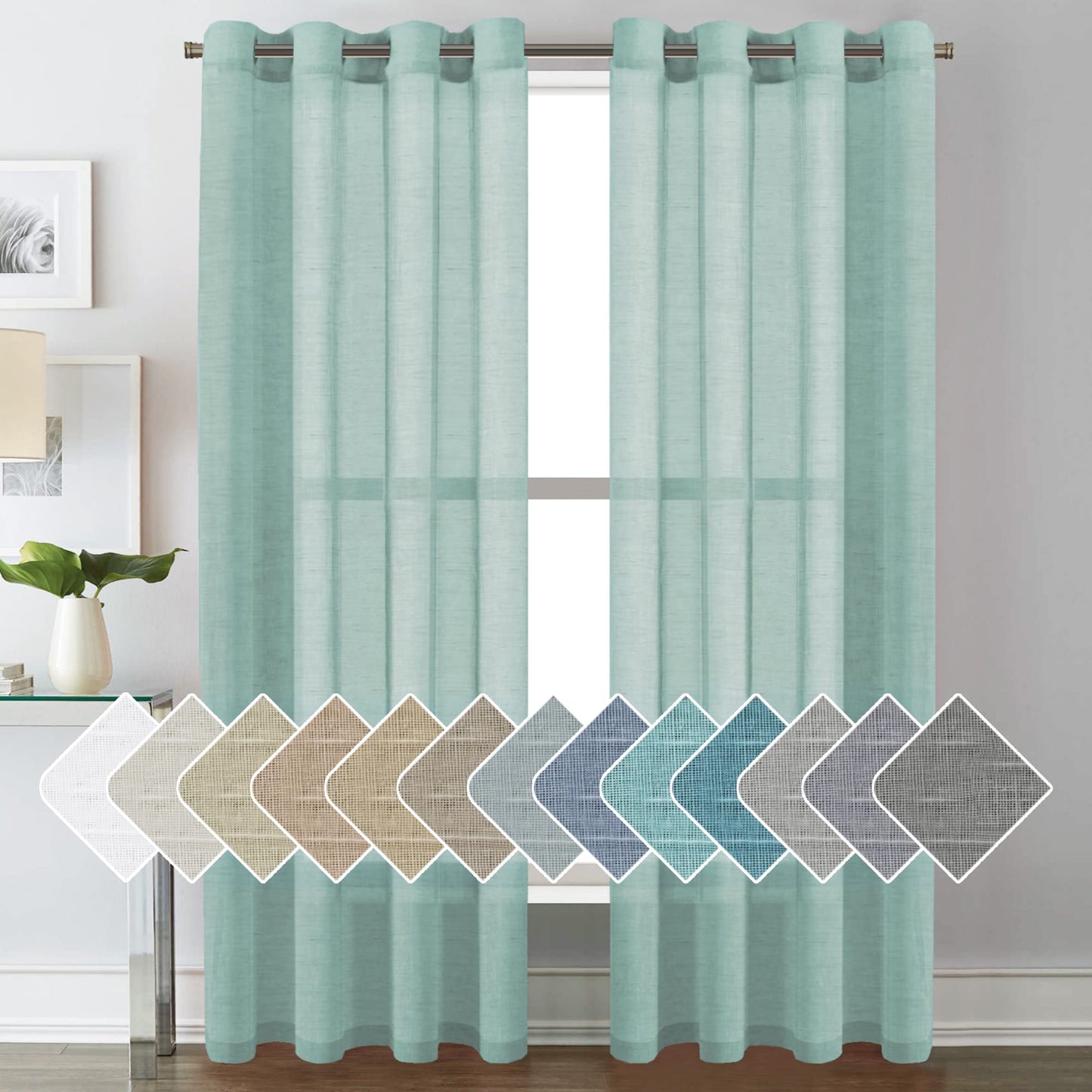 H.VERSAILTEX Natural Linen Sheer Curtains Flax Linen Blended Curtain Panels Living Room, Nickel Grommet Semitransparent Semi-Sheer Soft Privacy Drapes, Natural, 84 inches Long 2 Panels