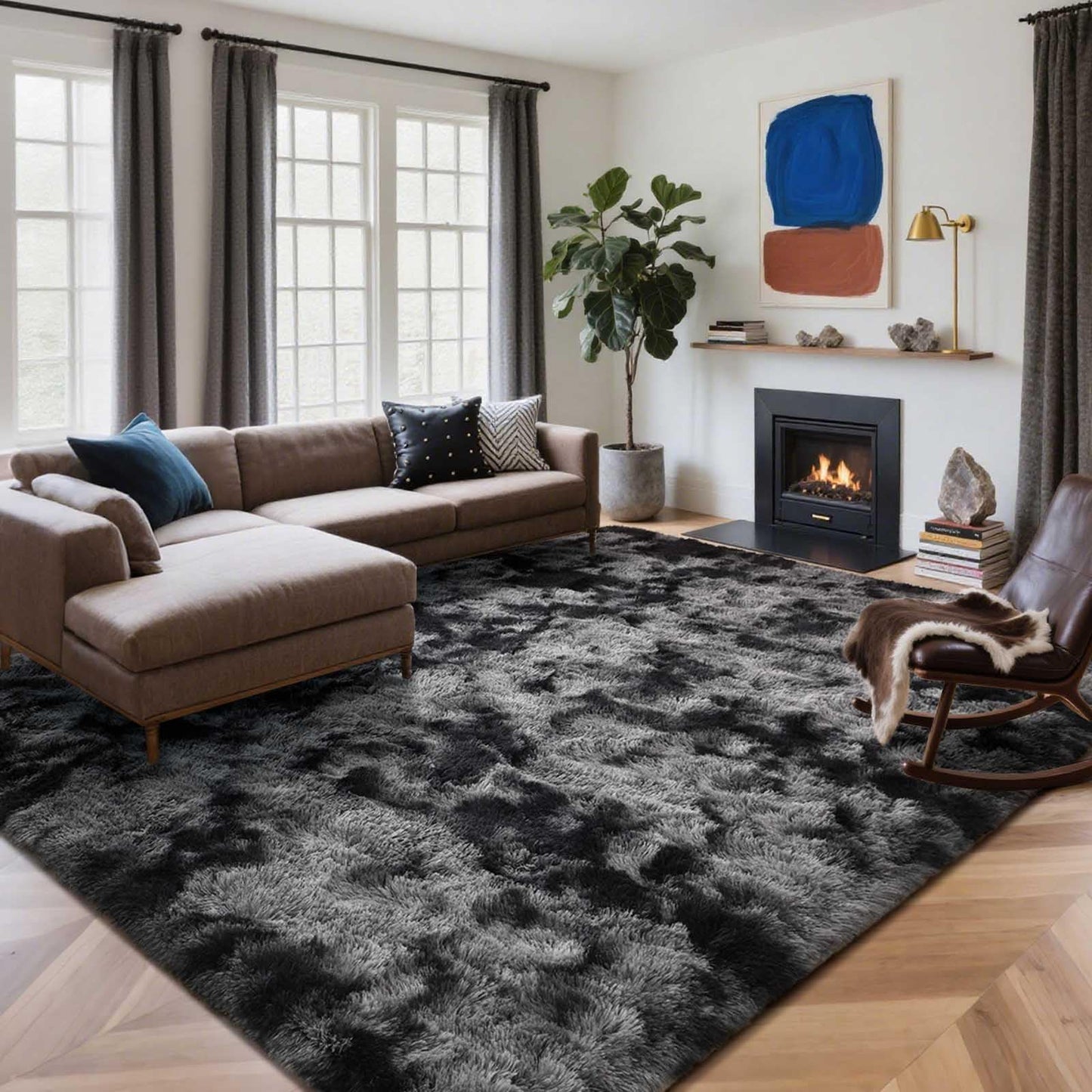 6x9 Ft Large Shag Rugs for Living Room Decor, Tie-Dyed Ultra Soft Fluffy Furry Area Rugs for Bedroom Indoor Floor, Aesthetic Carpet for Kids Home (Dark Grey)