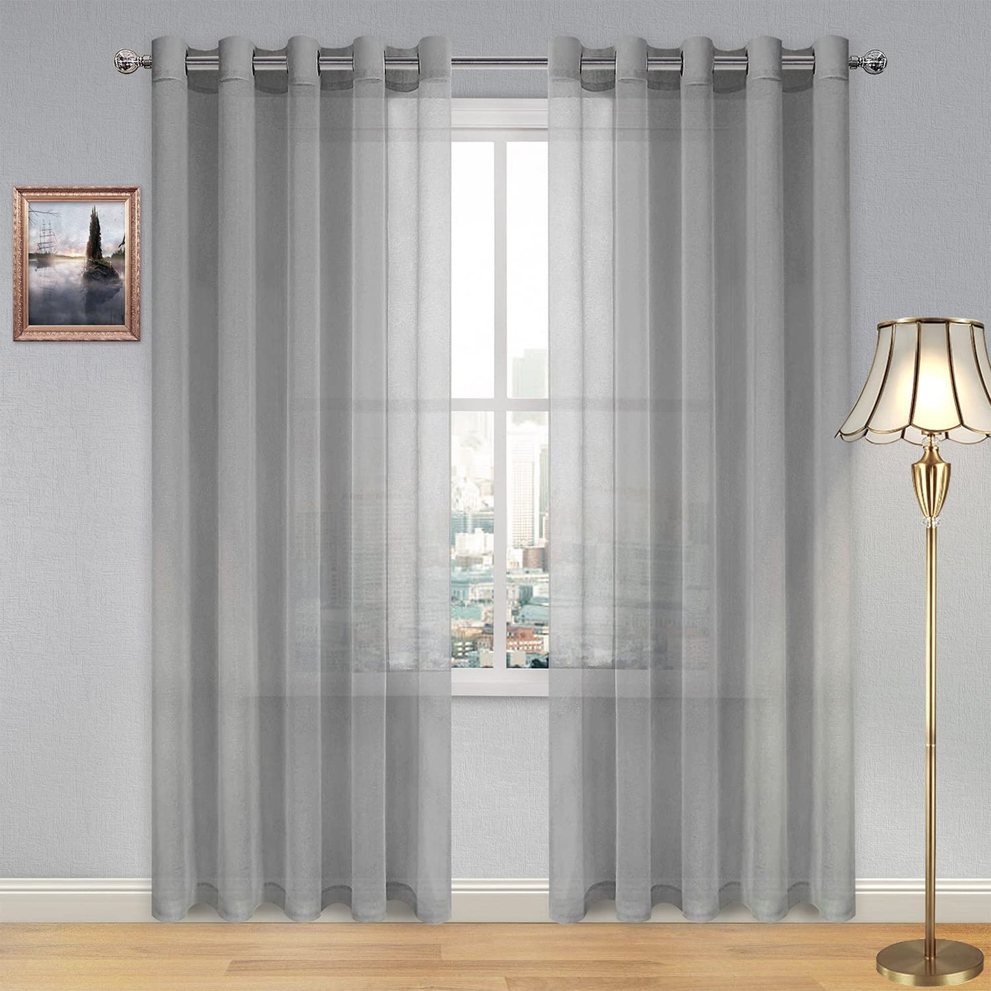 DWCN White Sheer Curtains Linen Look Semi Transparent Voile Grommet White Curtains for Living Dining Room Drapes 52 x 84 Inch Long, Set of 2 Panels