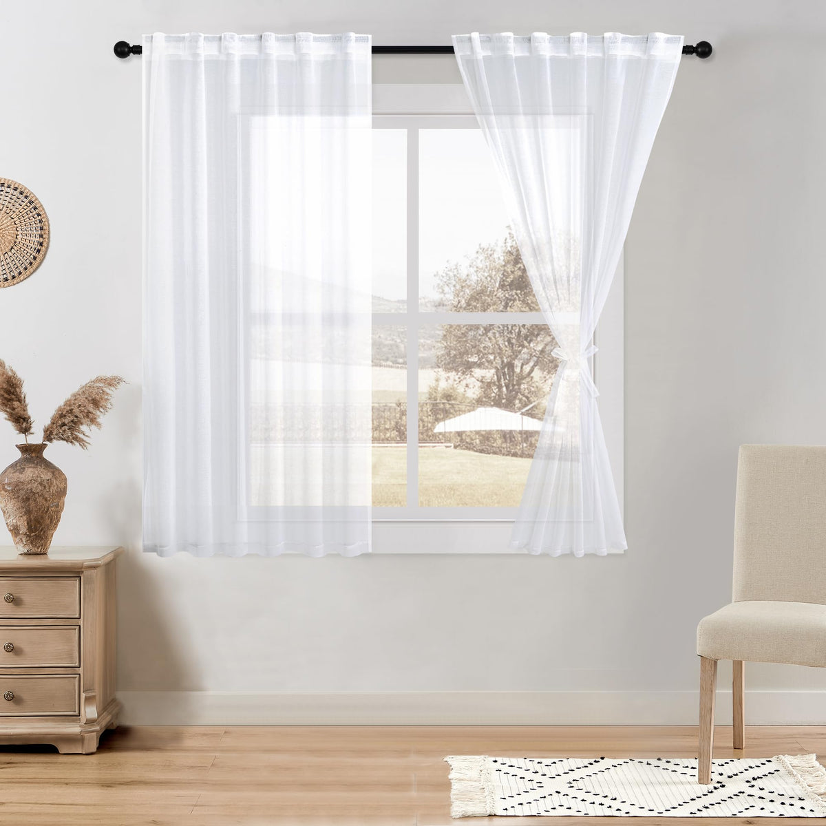 DWCN White Faux Linen Sheer Curtains, 2 Panels, 52x84 Inch | Faux Linen Textured Curtains with Rod Pocket & Back Tab, Semi Voile Light Airy Gauzy Privacy Drapes for Living Room Bedroom