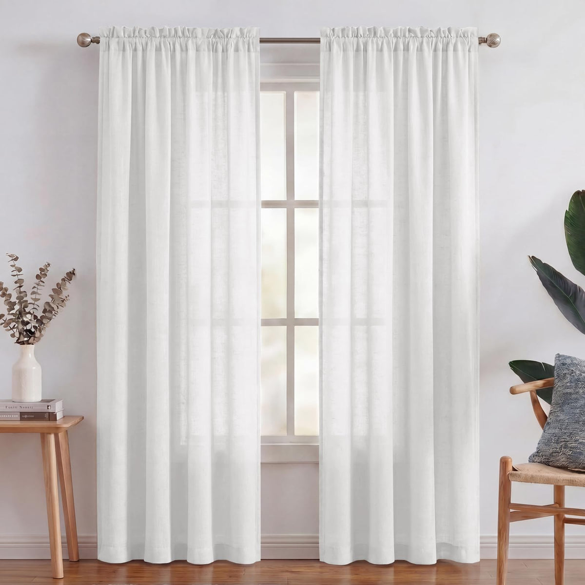 Turquoize White Linen Curtains 96 Inches Long Semi Sheer Curtains Light Filtering Linen Drapes for Living Room/Bedroom 2 Panels Set Rod Pocket Window Treatments Panels,W52 x L96, White