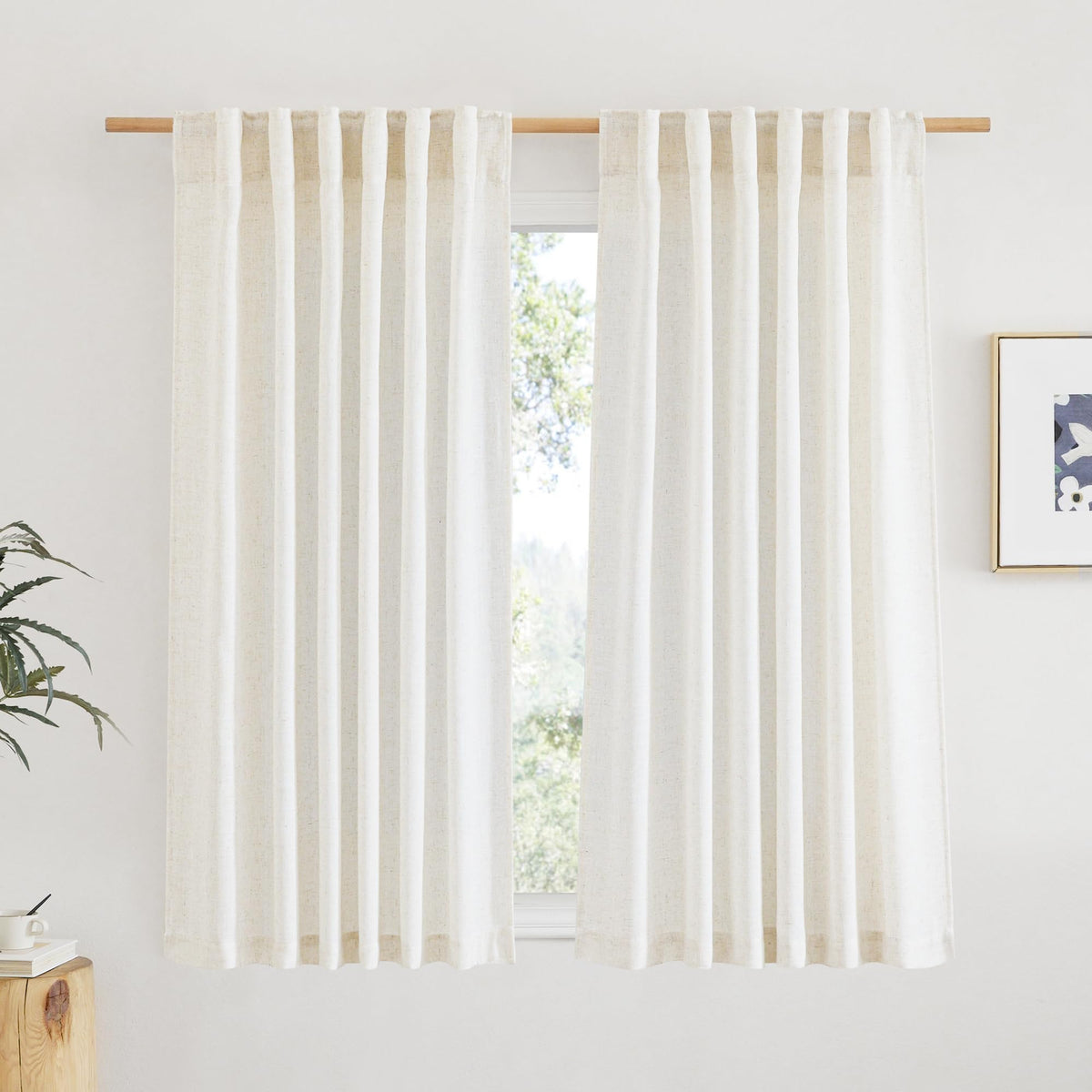 NICETOWN Flax Linen Curtains 84 inch Long, Rod Pocket & Back Tab Semi Sheer Vertical Drapes Privacy Added with Light Filtering for Bedroom/Living Room, Burlap, W52 x L84, 2 Pieces