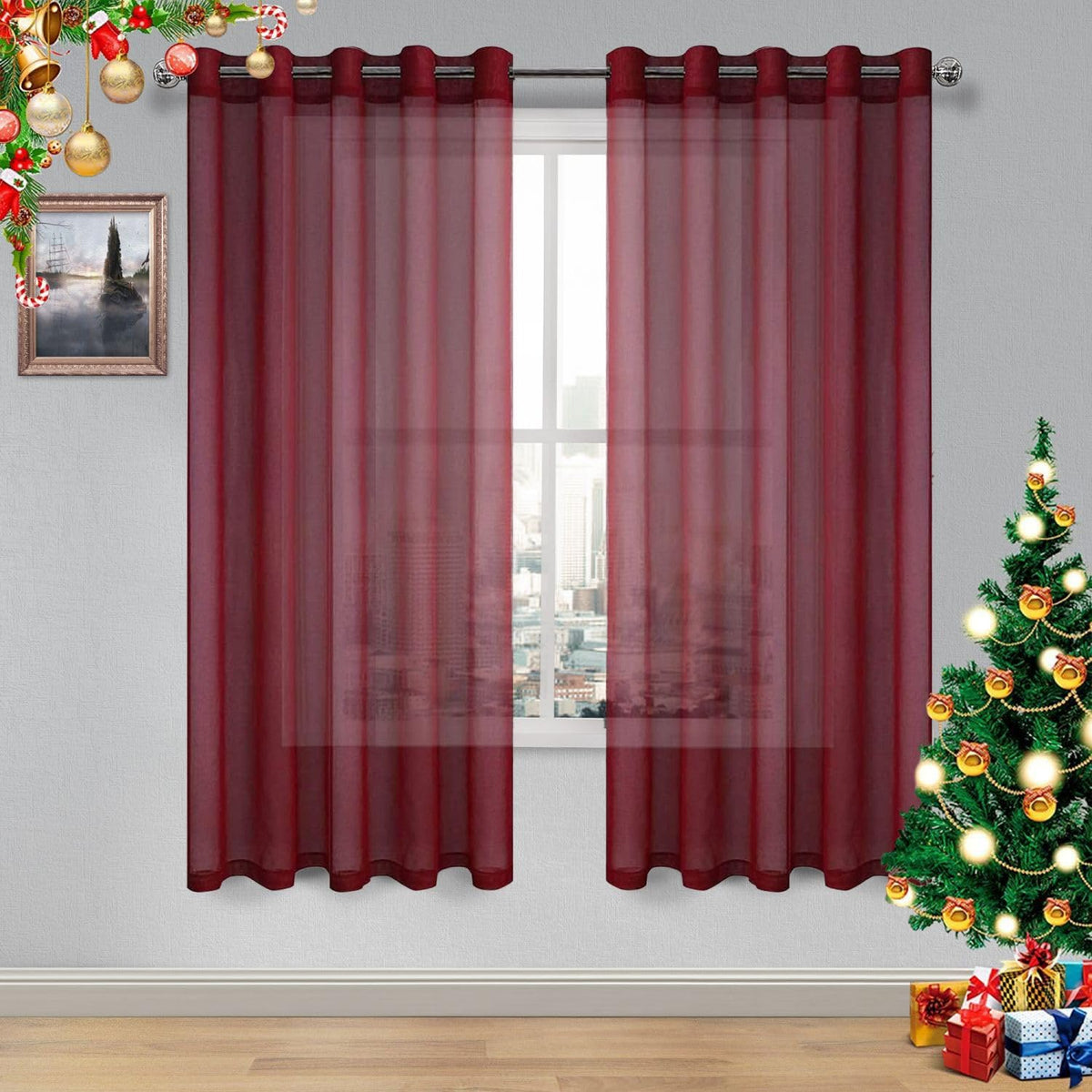 DWCN White Sheer Curtains Linen Look Semi Transparent Voile Grommet White Curtains for Living Dining Room Drapes 52 x 84 Inch Long, Set of 2 Panels