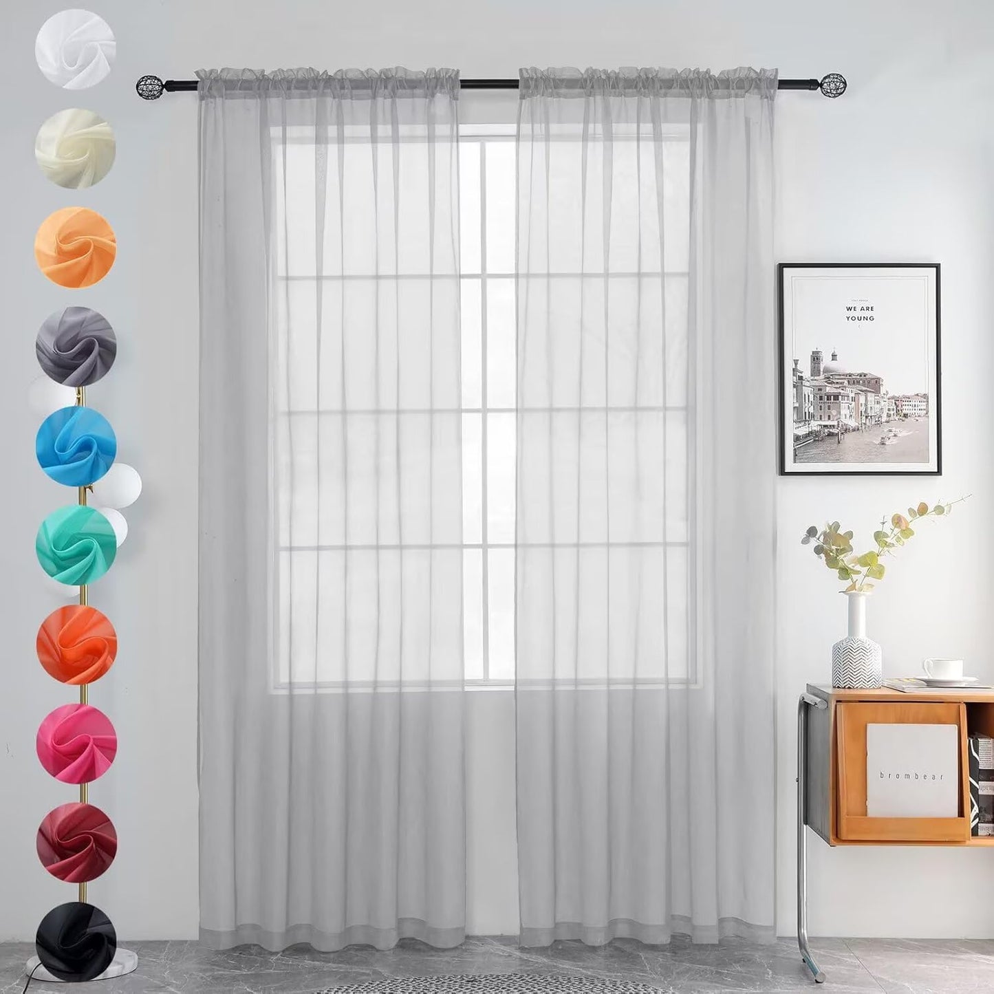 youleyar Solid Sheer Rod Pocket Curtain Voile Draperies 2 Panels White Beige Black Grey Coffee 52 Inch Width 84 Inch Long 1 Pair for Kitchen Bedroom Children Living Room Yard (Ivory,52W ｘ 84L)