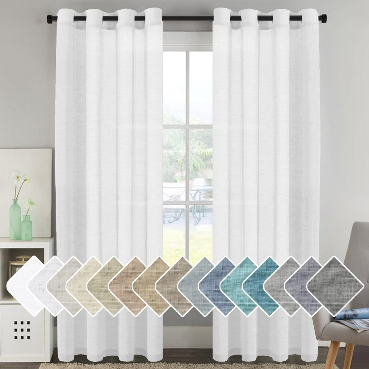 H.VERSAILTEX Natural Linen Sheer Curtains Flax Linen Blended Curtain Panels Living Room, Nickel Grommet Semitransparent Semi-Sheer Soft Privacy Drapes, Natural, 84 inches Long 2 Panels