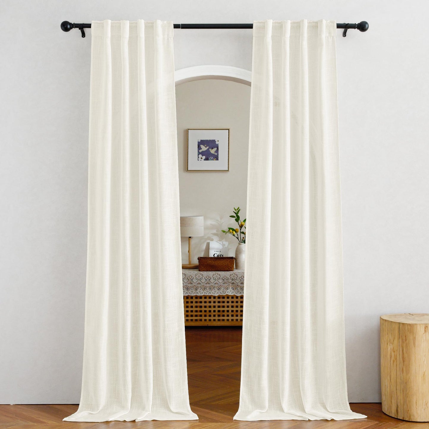 NICETOWN White Linen Sheer Curtains and Drapes 84 inches Long, Rod Pocket & Back Tab semitransparent with Light Through Vertical Window Treatments for Sliding Glass Door & Living Room, 52"W, Set of 2