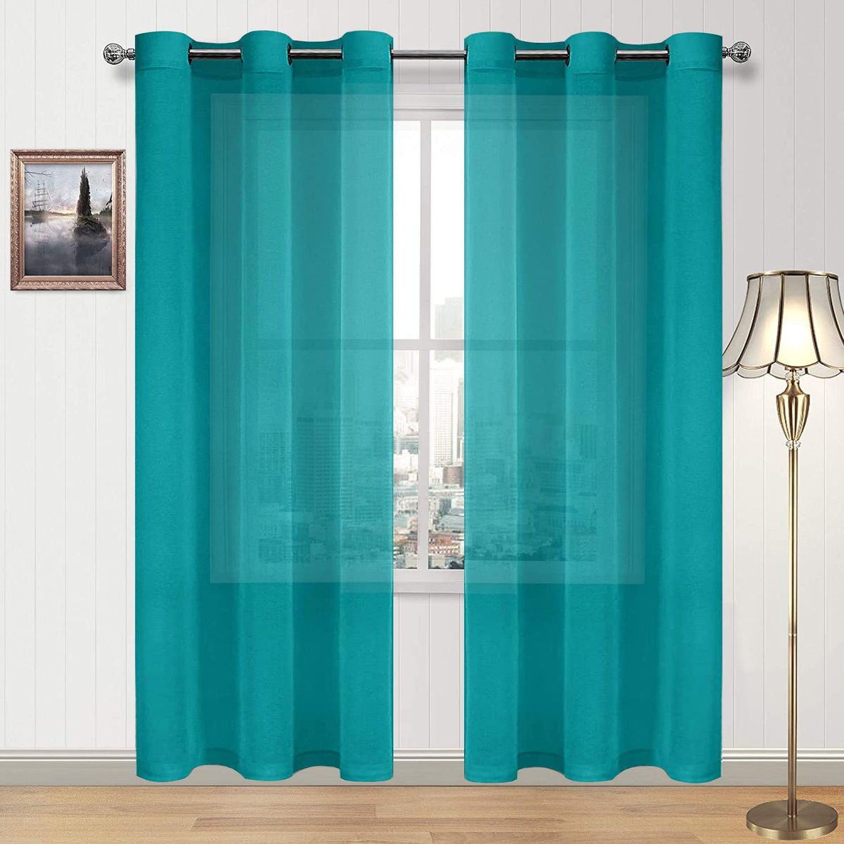 DWCN White Sheer Curtains Linen Look Semi Transparent Voile Grommet White Curtains for Living Dining Room Drapes 52 x 84 Inch Long, Set of 2 Panels
