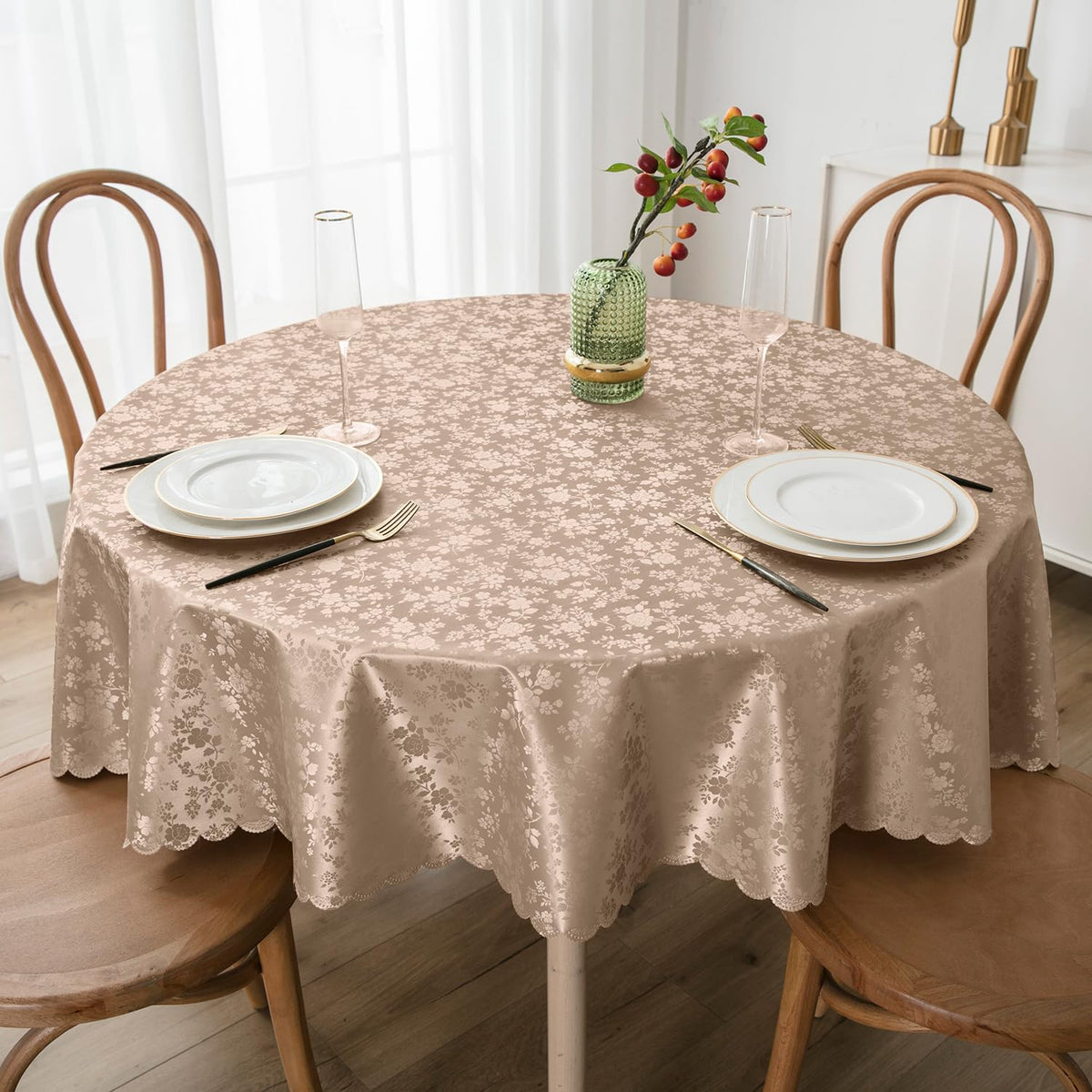 Smiry Rectangle Waterproof Heavy Duty Vinyl Tablecloths, 60 x 84 Inch | Wipeable Washable Floral Embossed Table Cover for Kitchen and Dining Room, Indoor & Outdoor Use, Beige