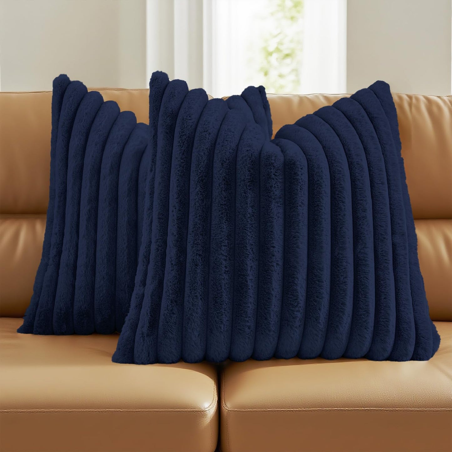 FUTEI Pack of 2 Faux Fur Throw Pillow Covers 18x18 Inch, Cream White | Fluffy Faux Rabbit Fur Front/Premium Velvet Back,Hidden Zipper,Machine Washable,Non-Shedding,Colorfast,Insert Not Included.