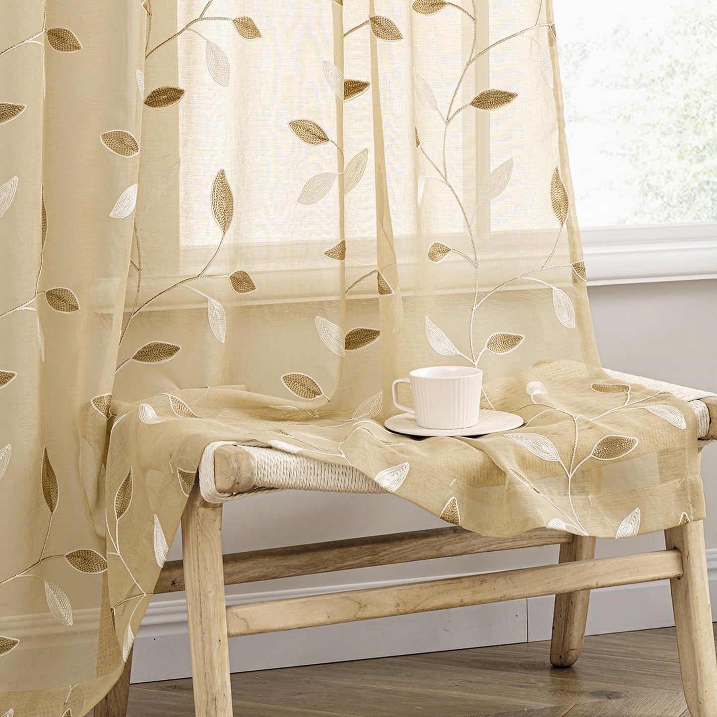 MIULEE Sage Green Sheer Curtains 2 Panels Leaf Patterned, W52 x L84 | Embroidered Floral Semi Sheer,Rod Pocket,Faux Linen,Short Window Curtains Drapes Set for Kitchen/Bathroom/Cafe