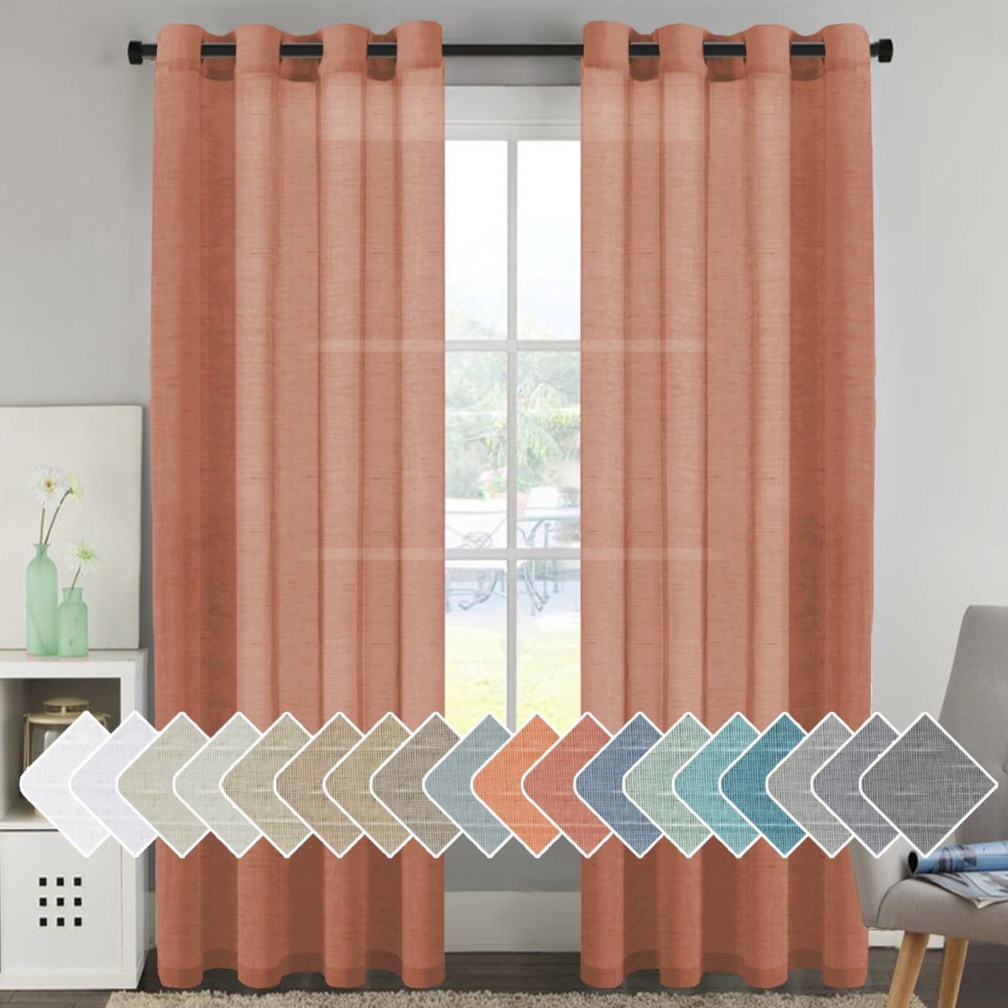 H.VERSAILTEX Natural Linen Sheer Curtains Flax Linen Blended Curtain Panels Living Room, Nickel Grommet Semitransparent Semi-Sheer Soft Privacy Drapes, Natural, 84 inches Long 2 Panels