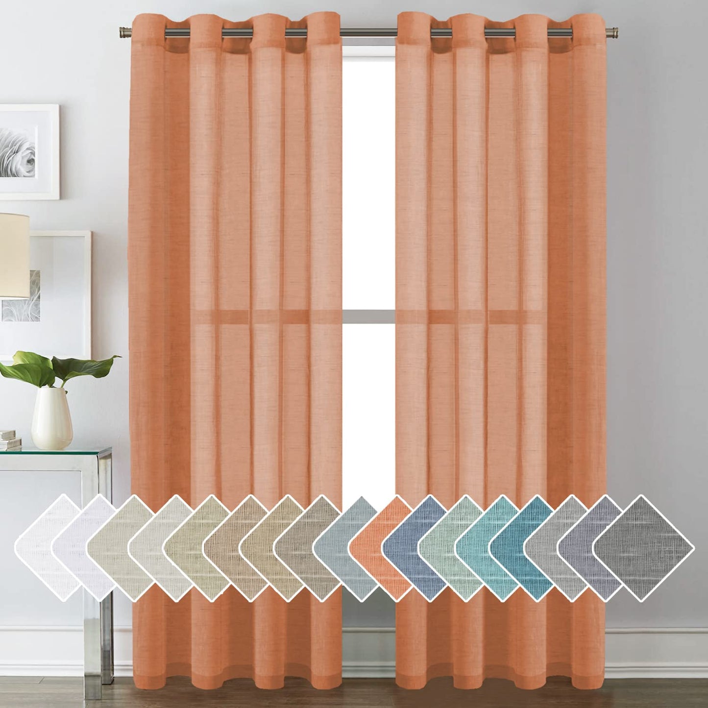 H.VERSAILTEX Natural Linen Sheer Curtains Flax Linen Blended Curtain Panels Living Room, Nickel Grommet Semitransparent Semi-Sheer Soft Privacy Drapes, Natural, 84 inches Long 2 Panels
