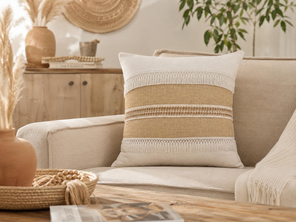 Boho Fringe Throw Pillow Covers 18x18 inch | Khaki and Cream Linen Cushion Covers,Stripe Hemp Lace Tassel Decorative, Neutral Farmhouse Pillow Covers for Couch Sofa