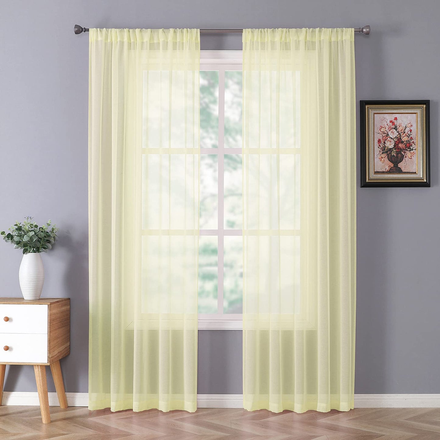 Tollpiz Sheer Curtains Living Room Linen Textured Curtain Sheers Light Filtering Voile Rod Pocket Curtains for Bedroom, 38 x 63 inches Long, White, Set of 2 Panels