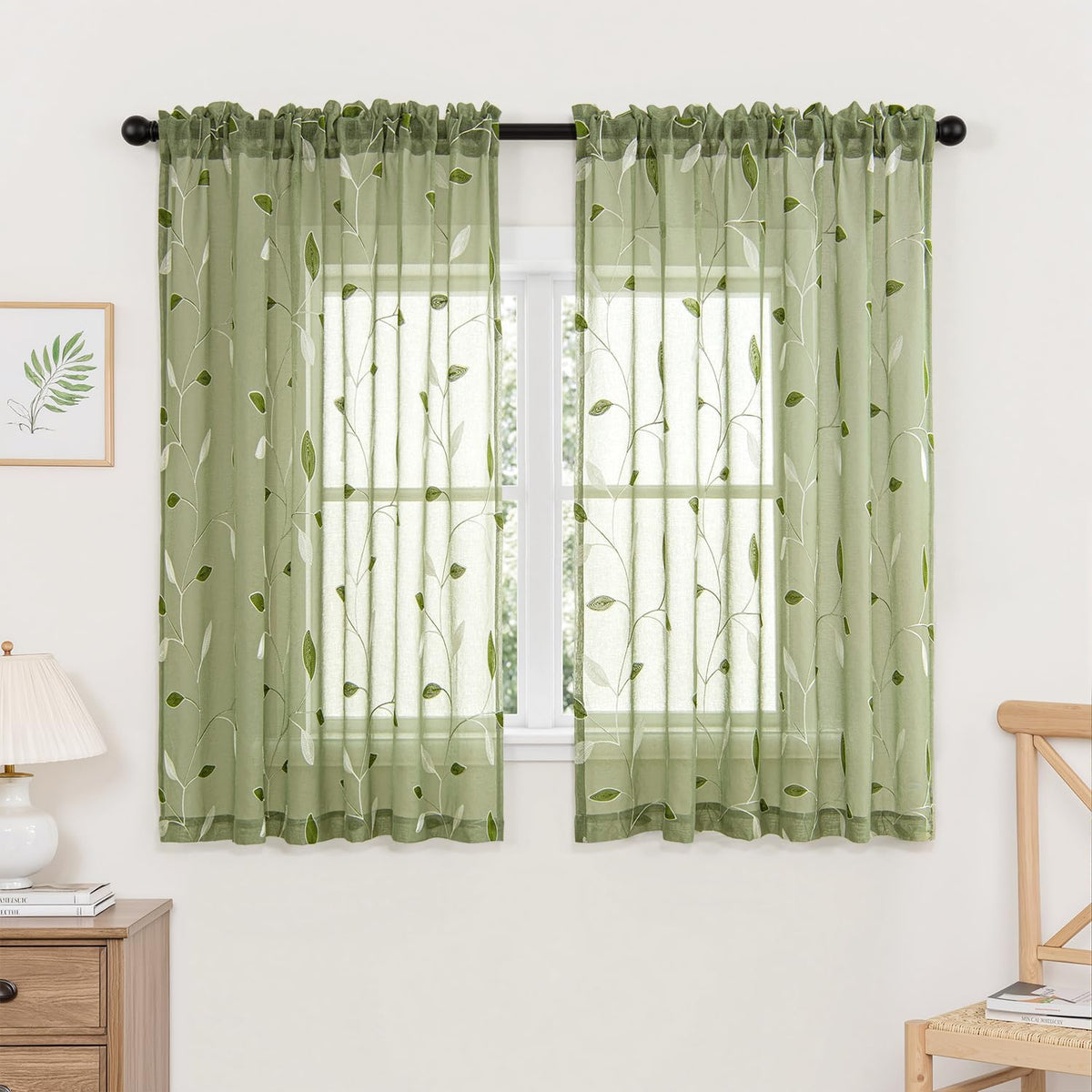 MIULEE Sage Green Sheer Curtains 2 Panels Leaf Patterned, W52 x L84 | Embroidered Floral Semi Sheer,Rod Pocket,Faux Linen,Short Window Curtains Drapes Set for Kitchen/Bathroom/Cafe