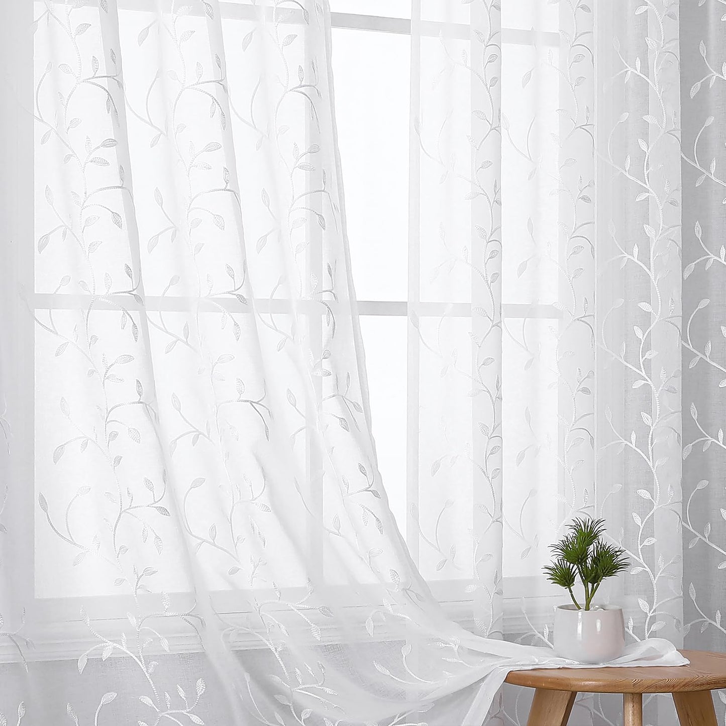 Sheer Curtains Boho Leaf Floral Embroidered Cream Beige 54Wx84L | Light Filtering Semi Sheer Voile Curtains With Design, Rod Pocket Window Drapes for Bedroom Living Room 2 Panels