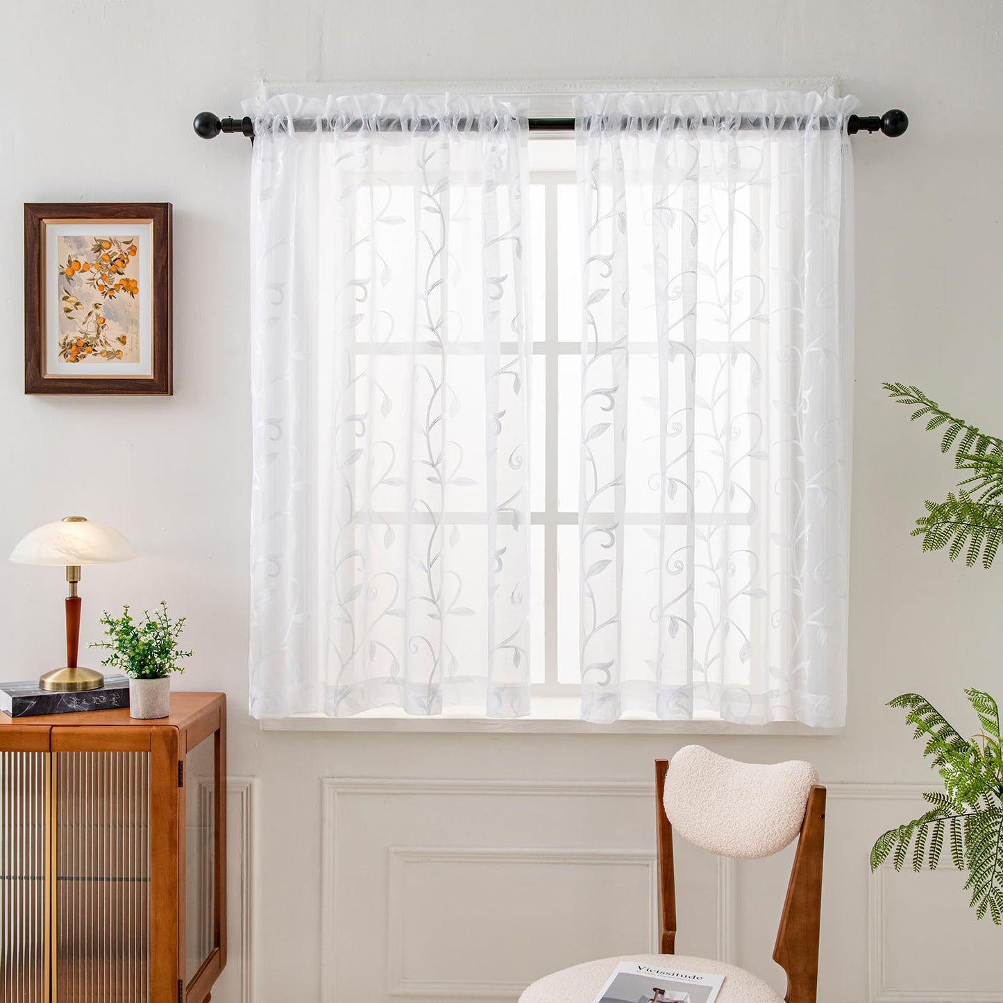 Sheer Curtains Boho Leaf Floral Embroidered Cream Beige 54Wx84L | Light Filtering Semi Sheer Voile Curtains With Design, Rod Pocket Window Drapes for Bedroom Living Room 2 Panels