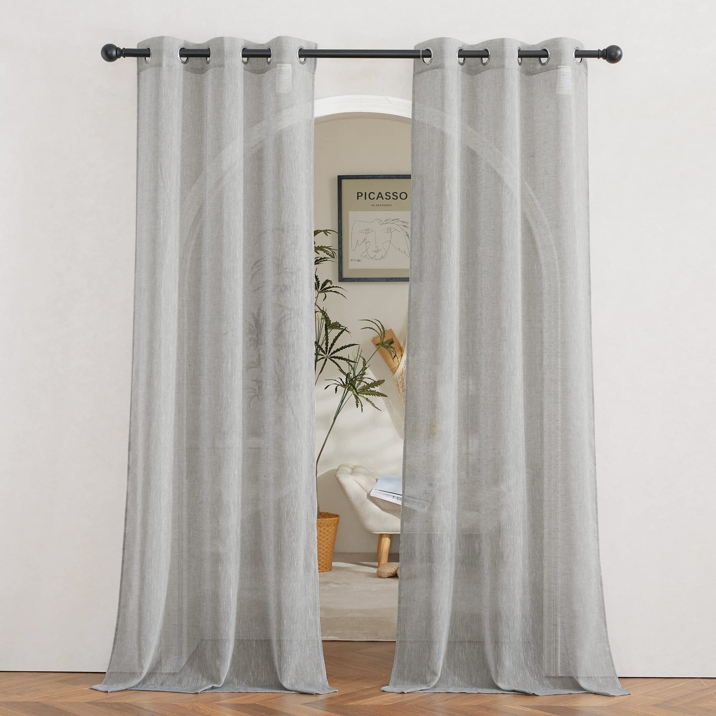 NICETOWN White Sheer Linen Curtains for Living Room 84 inch Length 2 Panels Set, Grommet Semi Sheer Privacy with Light Filtering Flax Window Treatments for Bedroom, W52 x L84