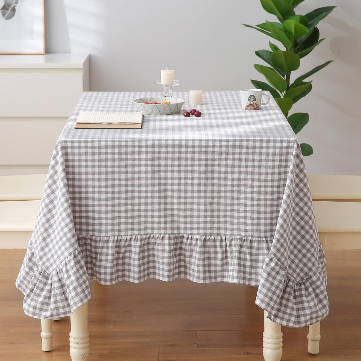 Blush White Gingham Ruffled Table Cloth Rectangular 120“x60” | 100% Washed Cotton, for Seat 8-10, Buffet Picnic Baby Shower Party Tablecloth, Decorative Checker Plaid Farmhouse Table Cover
