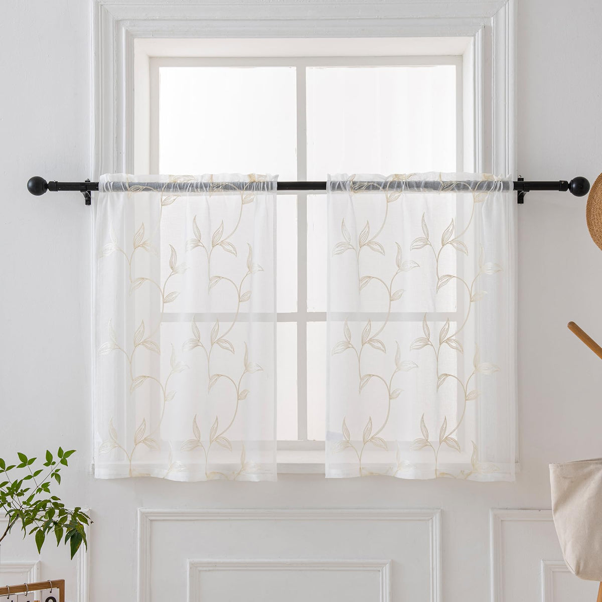 Sheer Curtains Boho Leaf Floral Embroidered Cream Beige 54Wx84L | Light Filtering Semi Sheer Voile Curtains With Design, Rod Pocket Window Drapes for Bedroom Living Room 2 Panels