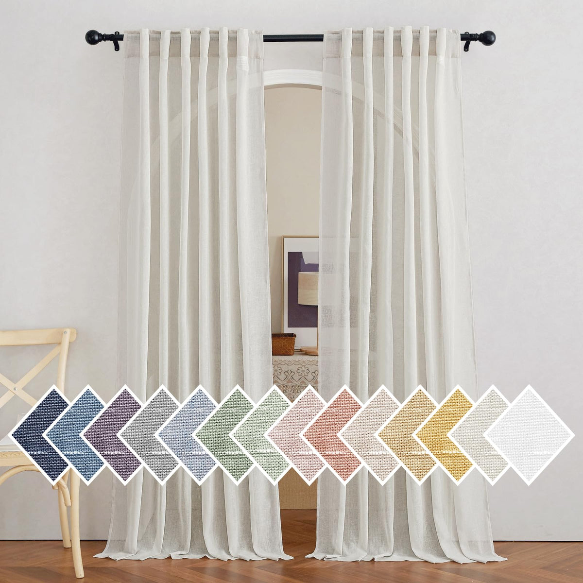 NICETOWN Semi Sheer White Curtains 84 inch Long, Rod Pocket & Back Tab Sheer Linen Curtains & Drapes Balance Privacy & Light Panels for Bedroom/Living Room, W52 x L84, 2 Panels