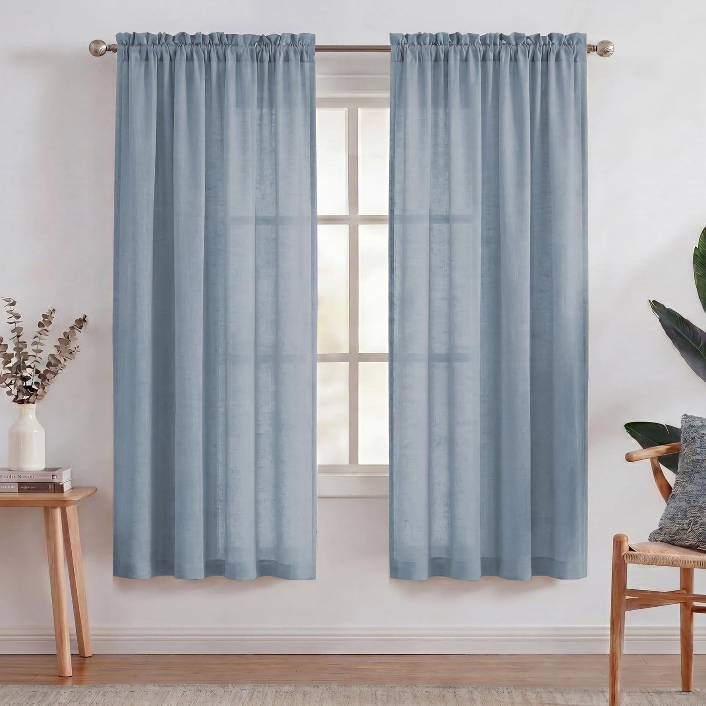 Turquoize White Linen Curtains 96 Inches Long Semi Sheer Curtains Light Filtering Linen Drapes for Living Room/Bedroom 2 Panels Set Rod Pocket Window Treatments Panels,W52 x L96, White