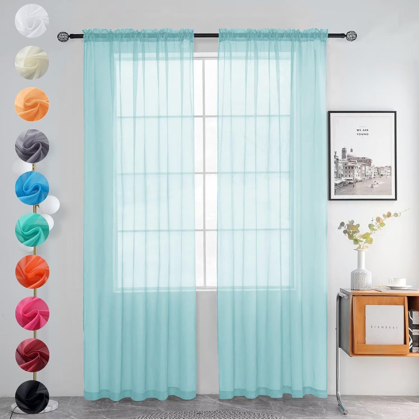 youleyar Solid Sheer Rod Pocket Curtain Voile Draperies 2 Panels White Beige Black Grey Coffee 52 Inch Width 84 Inch Long 1 Pair for Kitchen Bedroom Children Living Room Yard (Ivory,52W ｘ 84L)