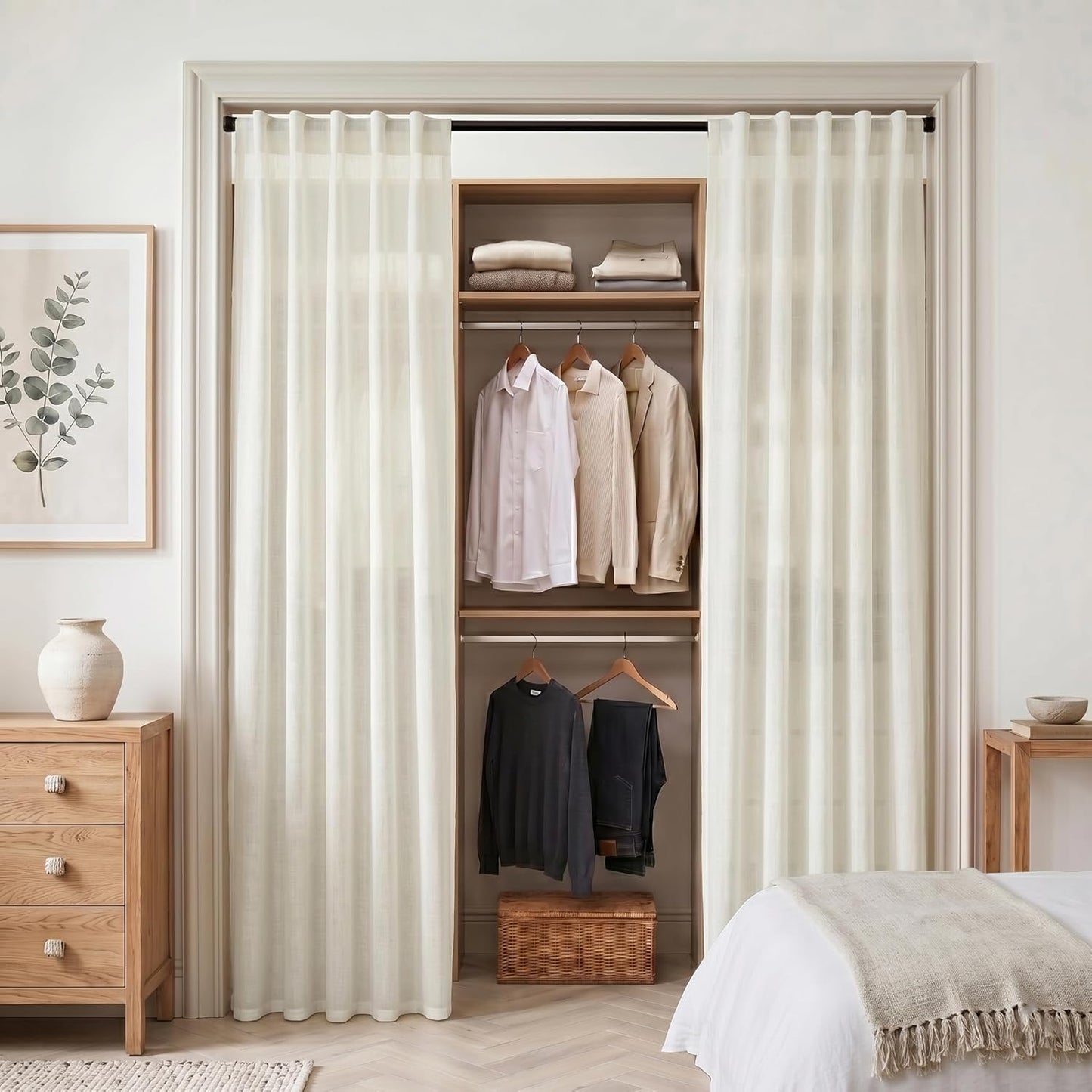 Linen Cotton Curtains for Living Room, Cream Off White Natural Fabric Light Filtering Semi Sheer Curtains 84 Inches Long, Ivory Pleated Farmhouse Curtain Drapes 84 Inch Length 2 Panels Set Dining Room
