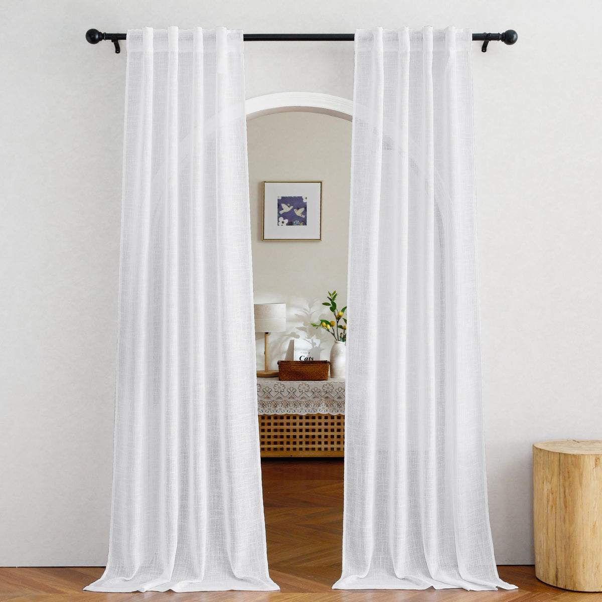 NICETOWN White Linen Sheer Curtains and Drapes 84 inches Long, Rod Pocket & Back Tab semitransparent with Light Through Vertical Window Treatments for Sliding Glass Door & Living Room, 52"W, Set of 2