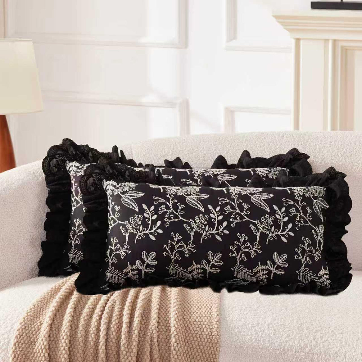 HAUSFRAU 18x18 Throw Pillow Covers Pillowcase Set of 2, French Style Cream | Floral Embroidered & Lace Ruffle Trim Chic Decorative Square Pillowcase Pillow Sham for Sofa, Couch, Wedding, Square