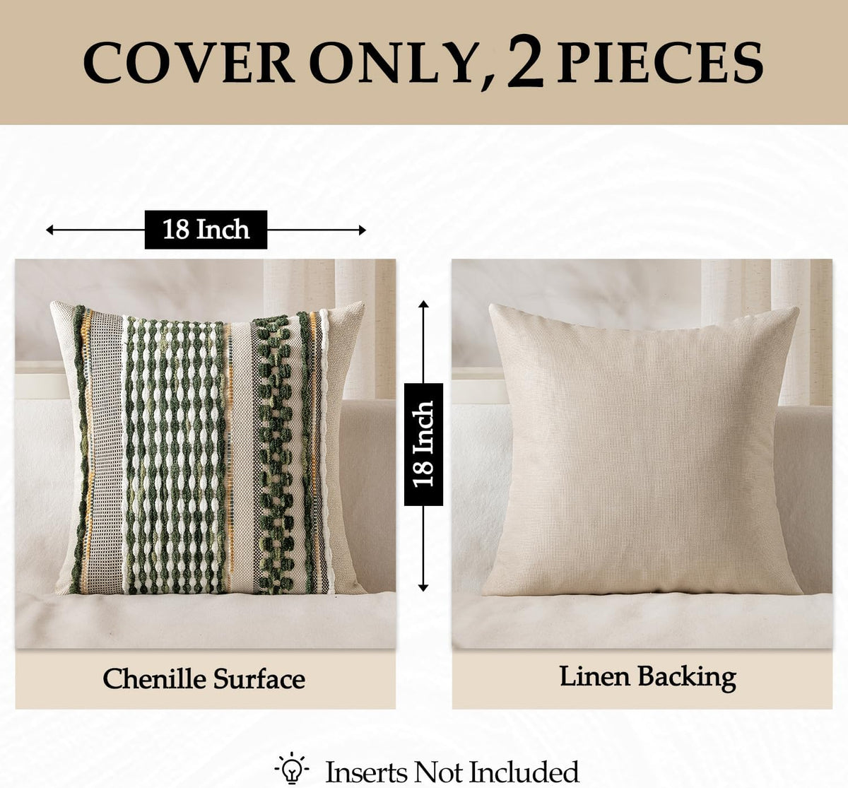 ANRODUO Boho Decorative Pillow Covers Olive Green Stripe 18x18 Pack of 2 | Throw Pillow Covers, Farmhouse Cushion Case, Chenille Pillow Cases, Pillow Covers, Accent Neutral Pillowcase for Couch Bed