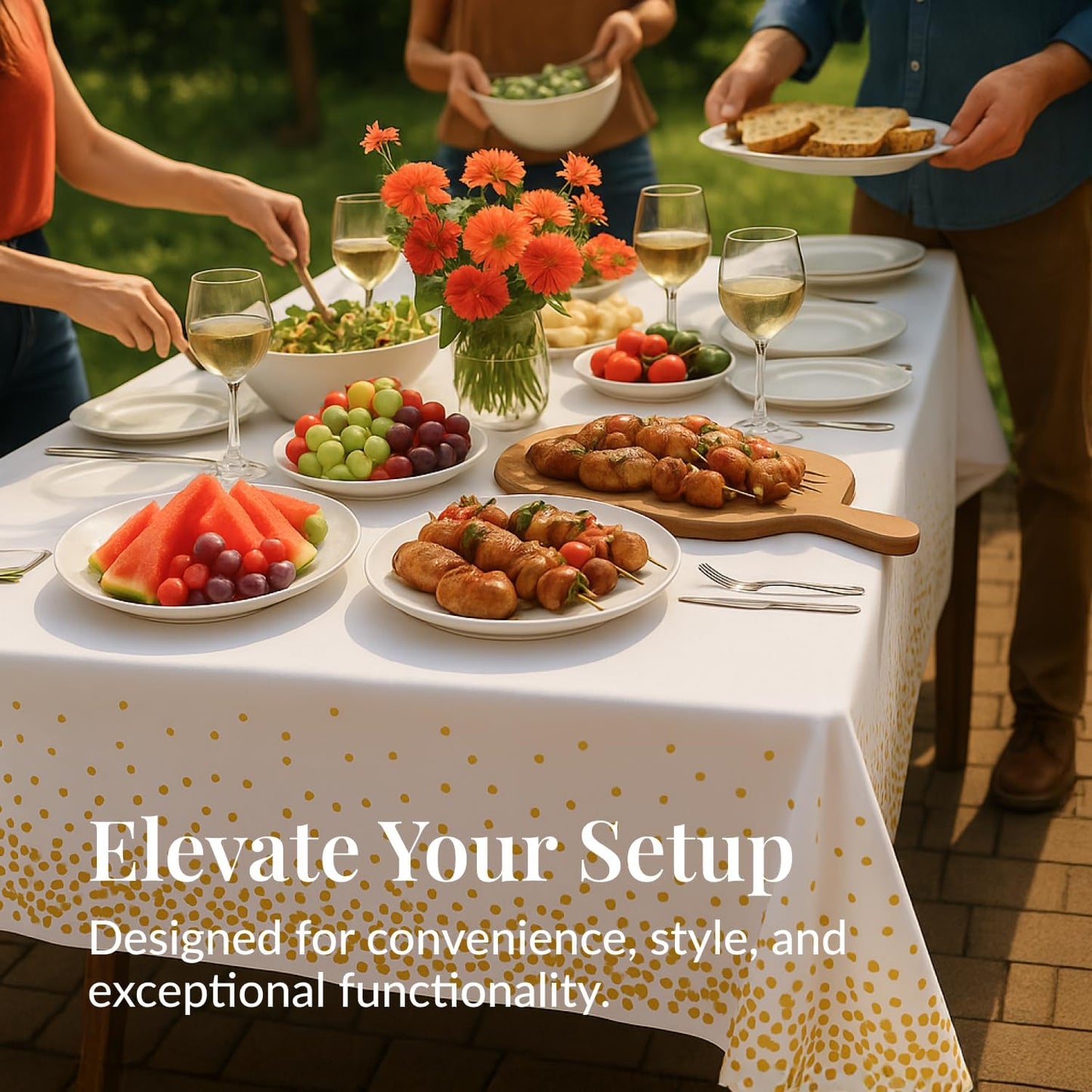Prestee 12-Pack White and Gold Tablecloth - 54x108 Inch - Disposable Table Covers for Party, Weddings, and Holidays - Waterproof Christmas Tablecloth, Stain-Resistant Plastic Table Cover Set